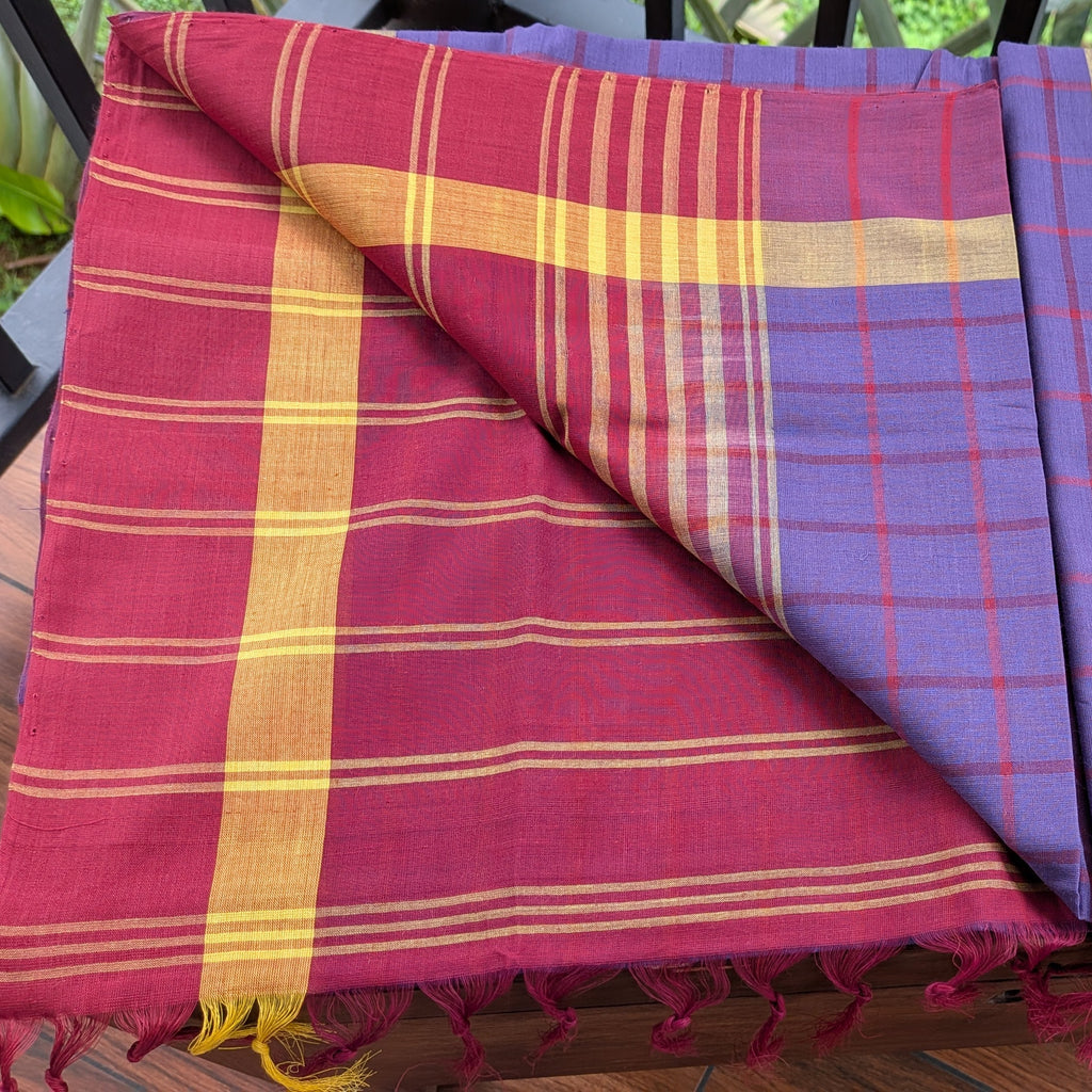 Purple Checkered Kasargod Handloom Saree With Maroon Border