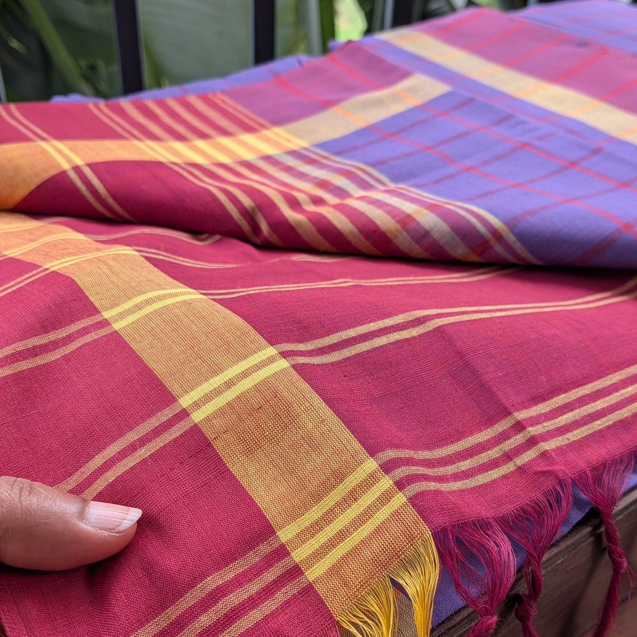 Purple Checkered Kasargod Handloom Saree With Maroon Border