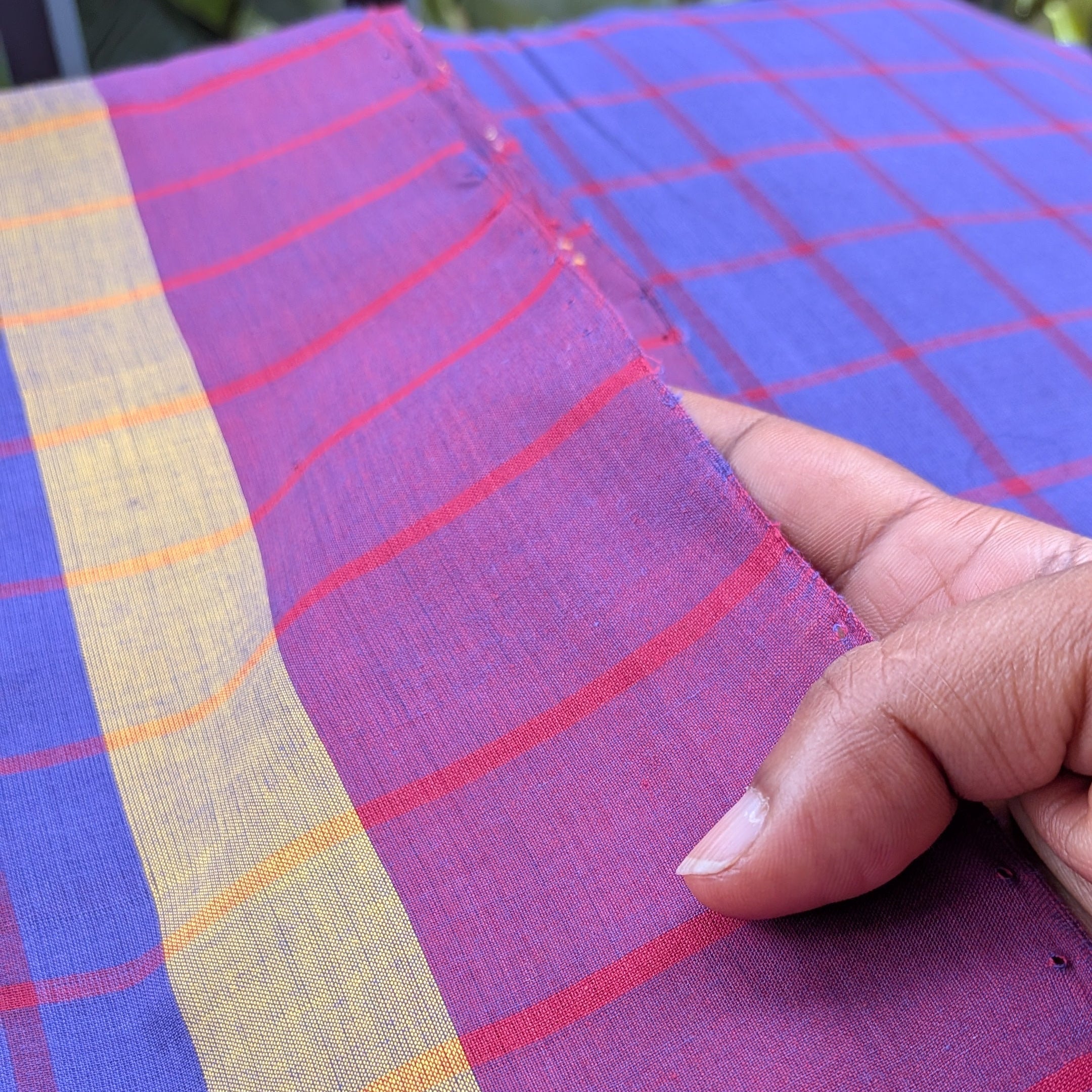 Purple Checkered Kasargod Handloom Saree With Maroon Border