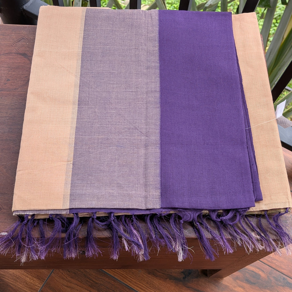 Cream Beige Kasargod Handloom Saree With Purple Border
