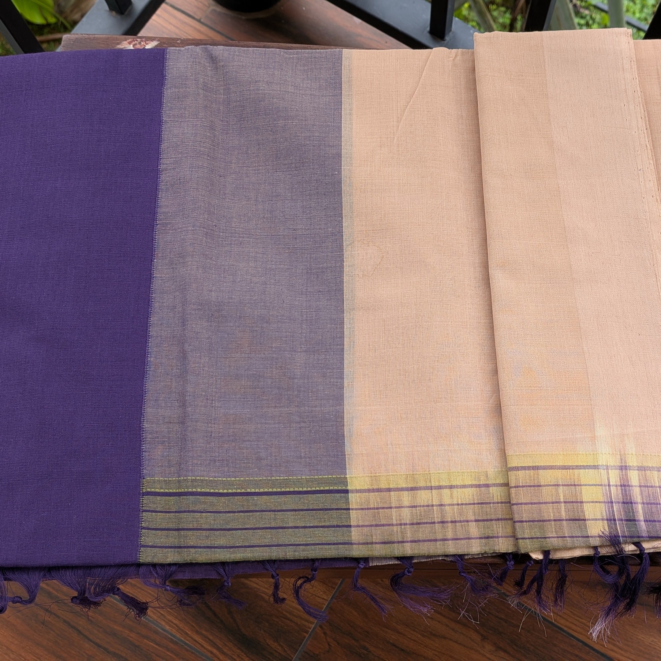 Cream Beige Kasargod Handloom Saree With Purple Border