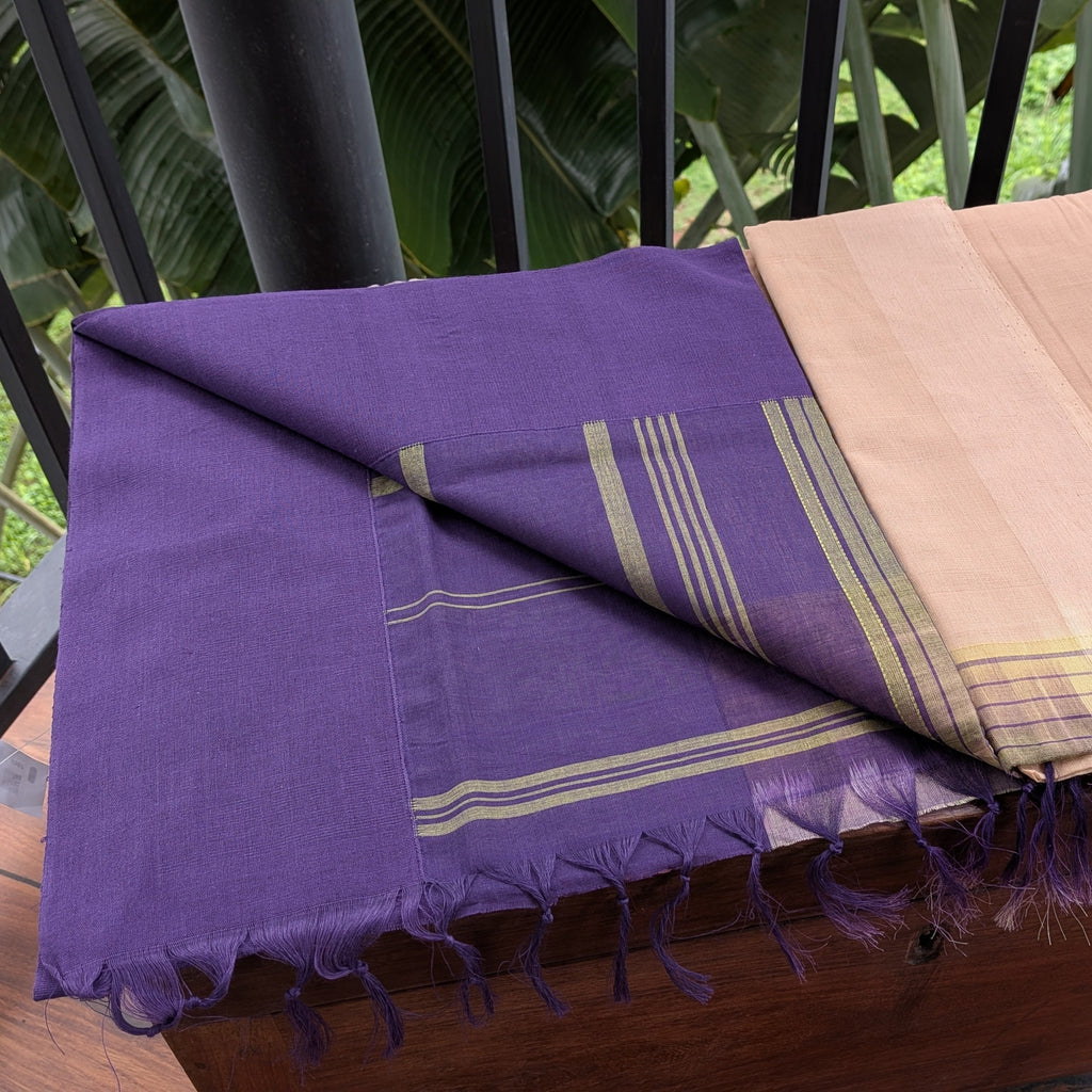 Cream Beige Kasargod Handloom Saree With Purple Border
