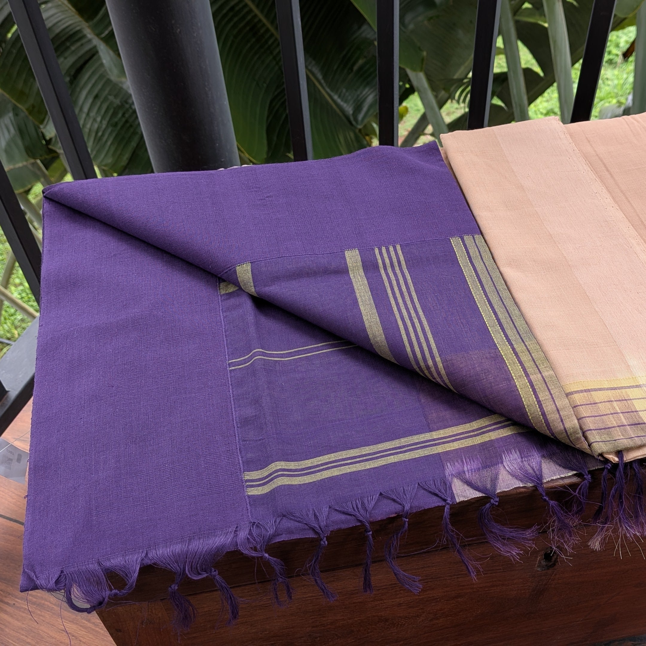 Cream Beige Kasargod Handloom Saree With Purple Border