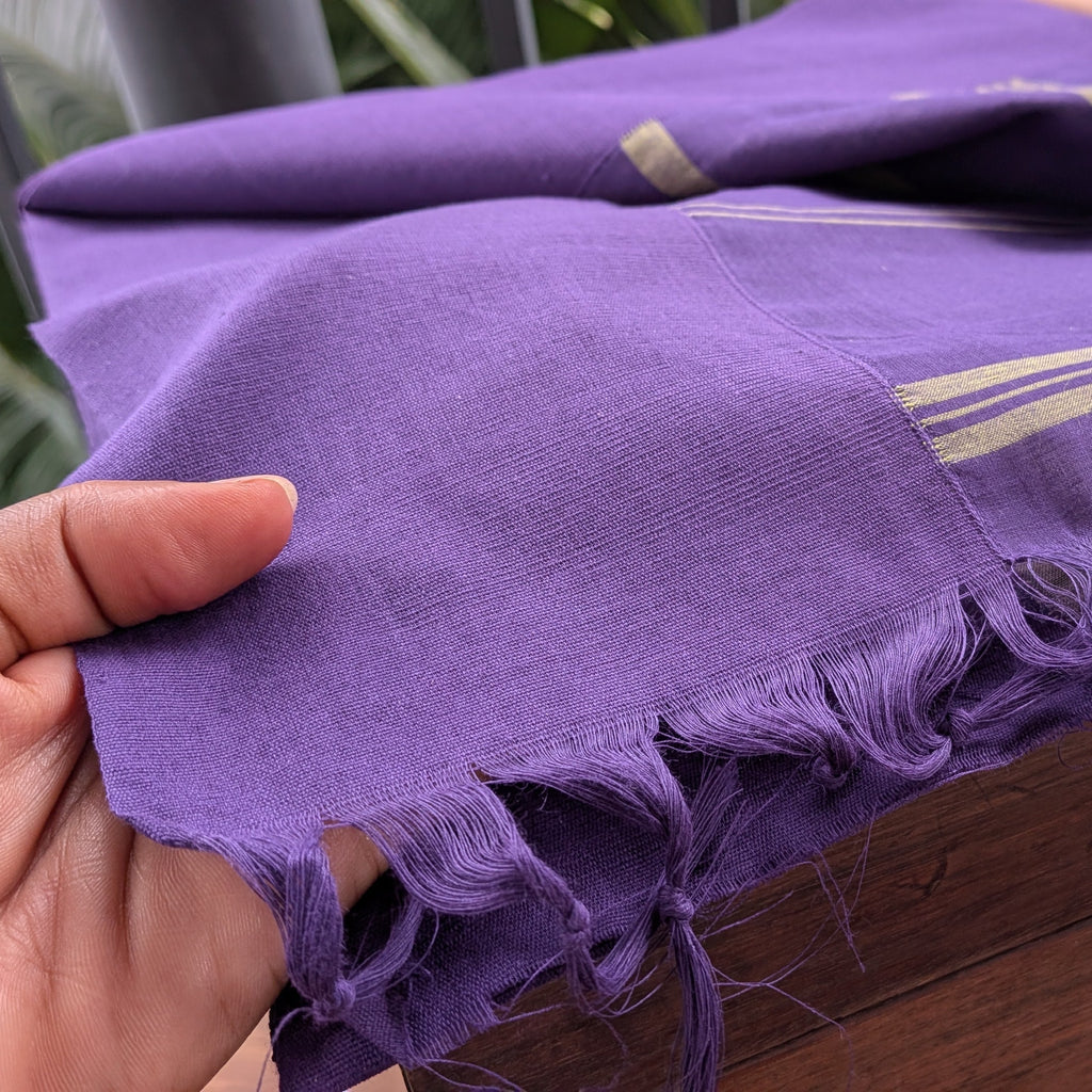 Cream Beige Kasargod Handloom Saree With Purple Border