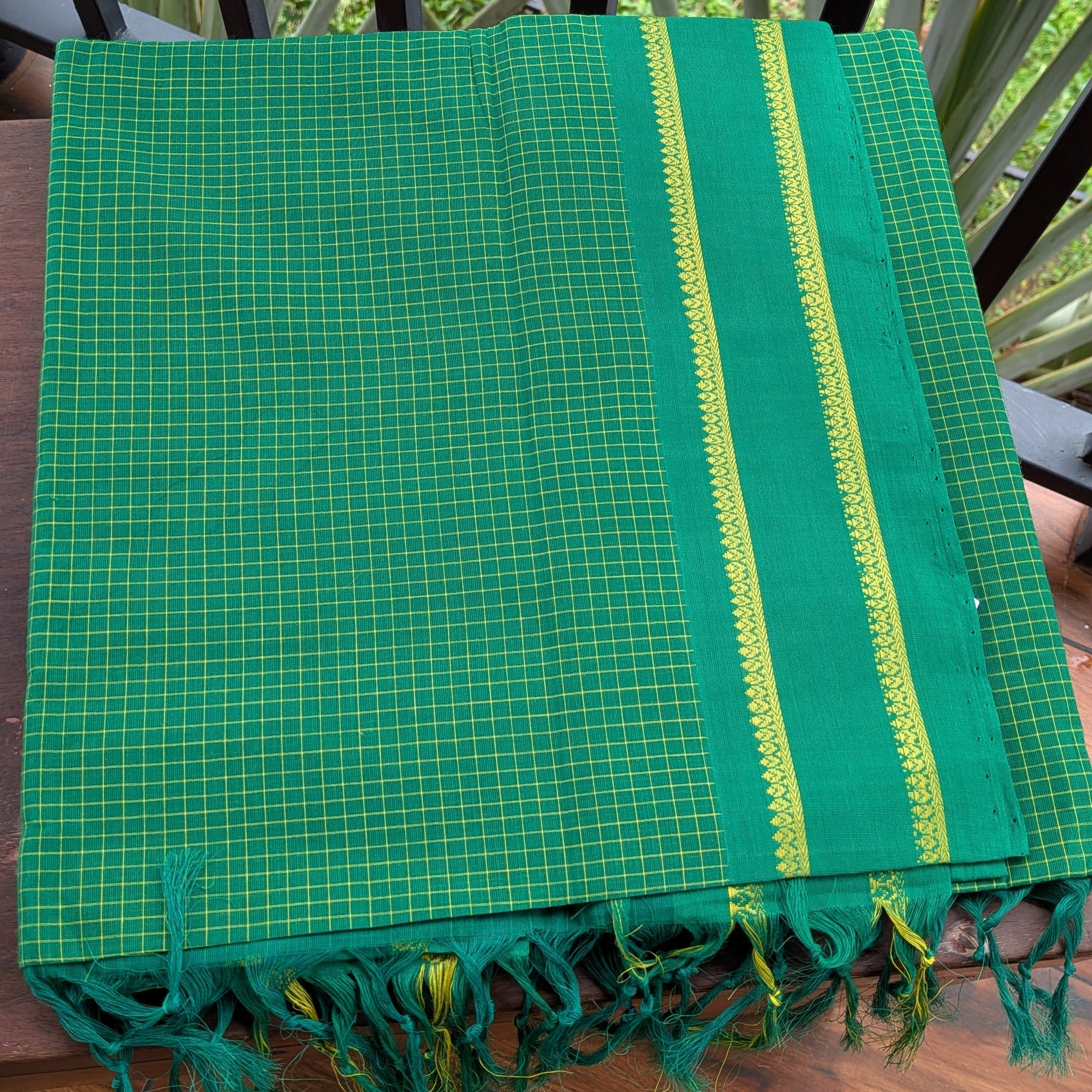 Green Small Checkered Kasargod Handloom Saree With small Yellow Border