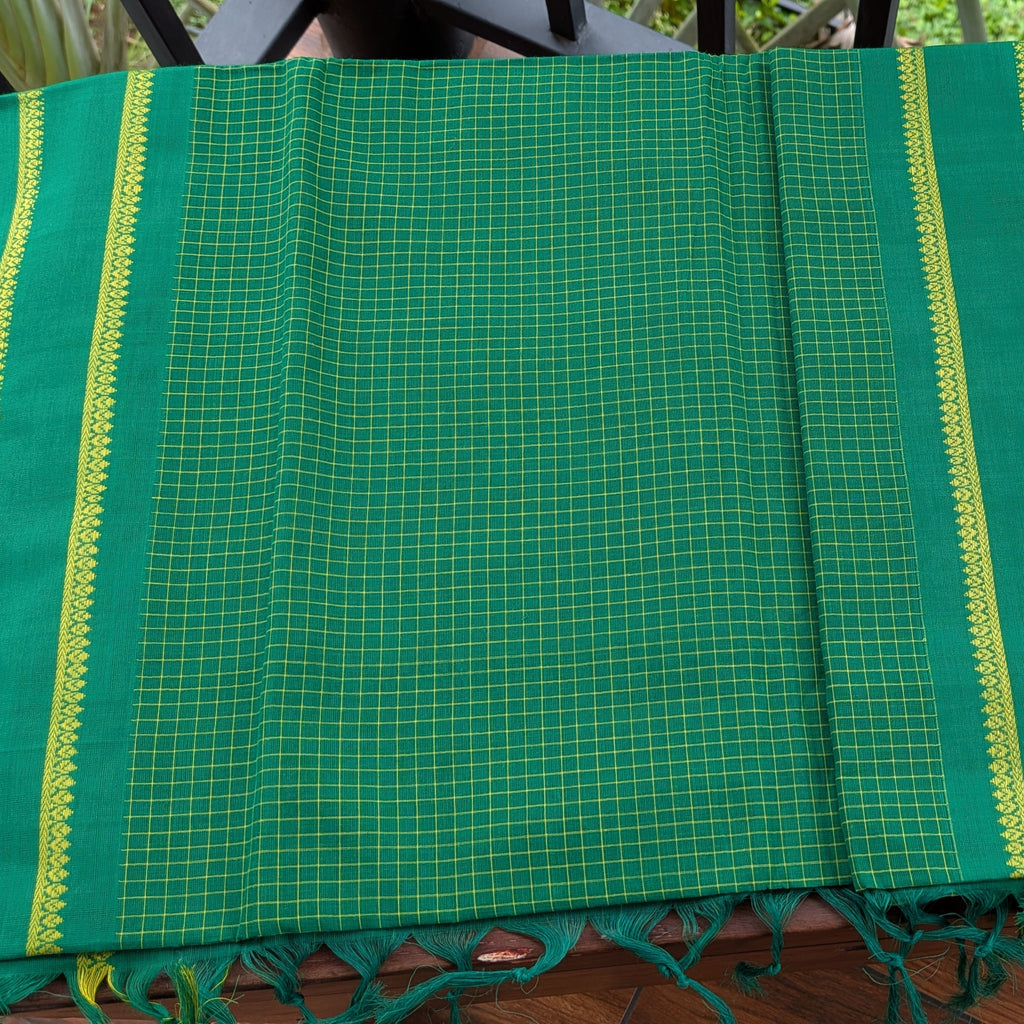Green Small Checkered Kasargod Handloom Saree With small Yellow Border