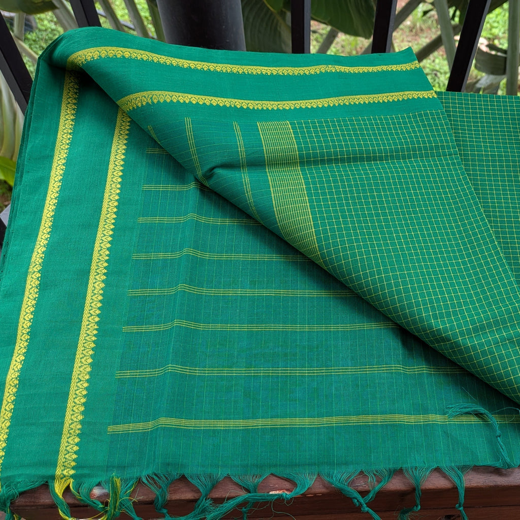 Green Small Checkered Kasargod Handloom Saree With small Yellow Border