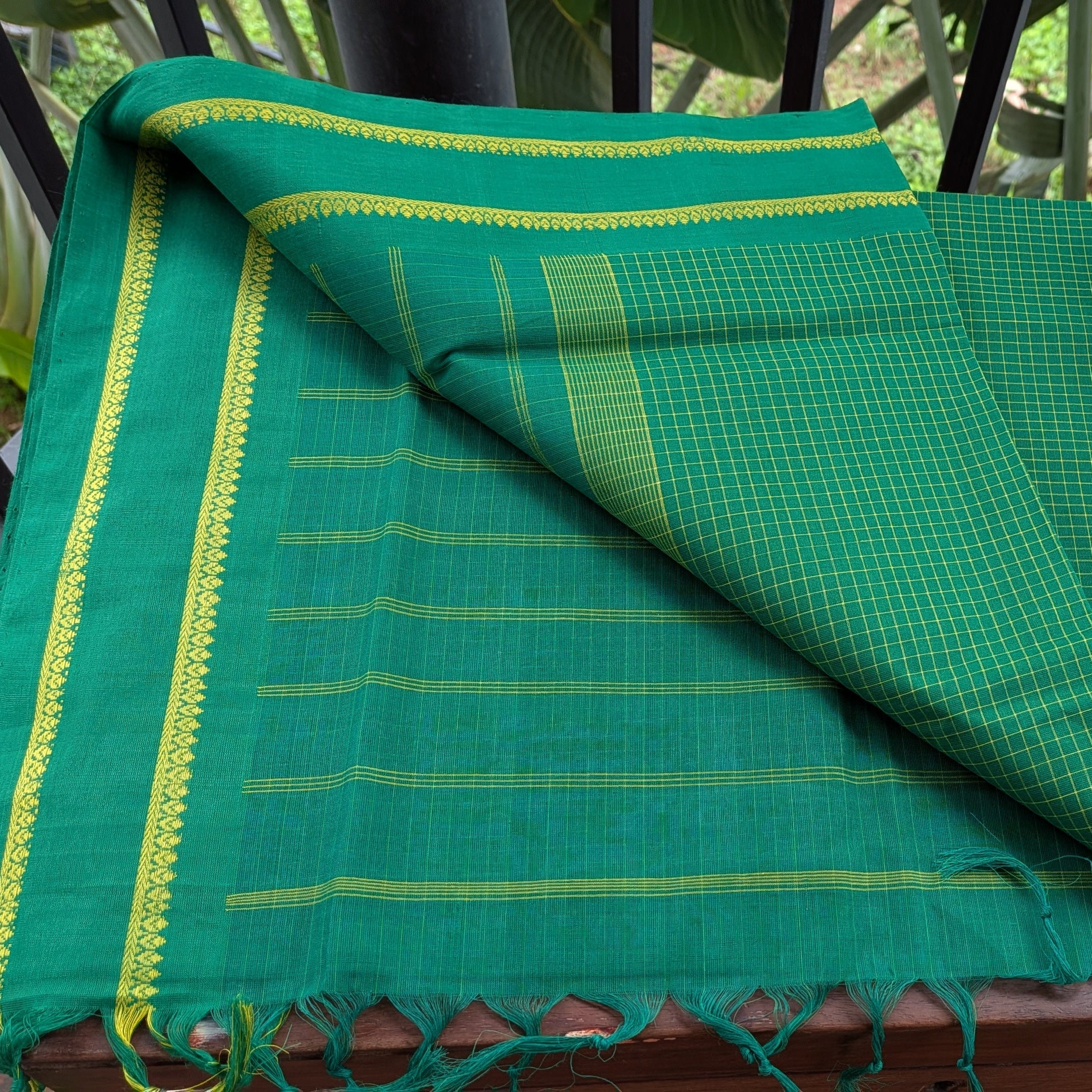 Green Small Checkered Kasargod Handloom Saree With small Yellow Border