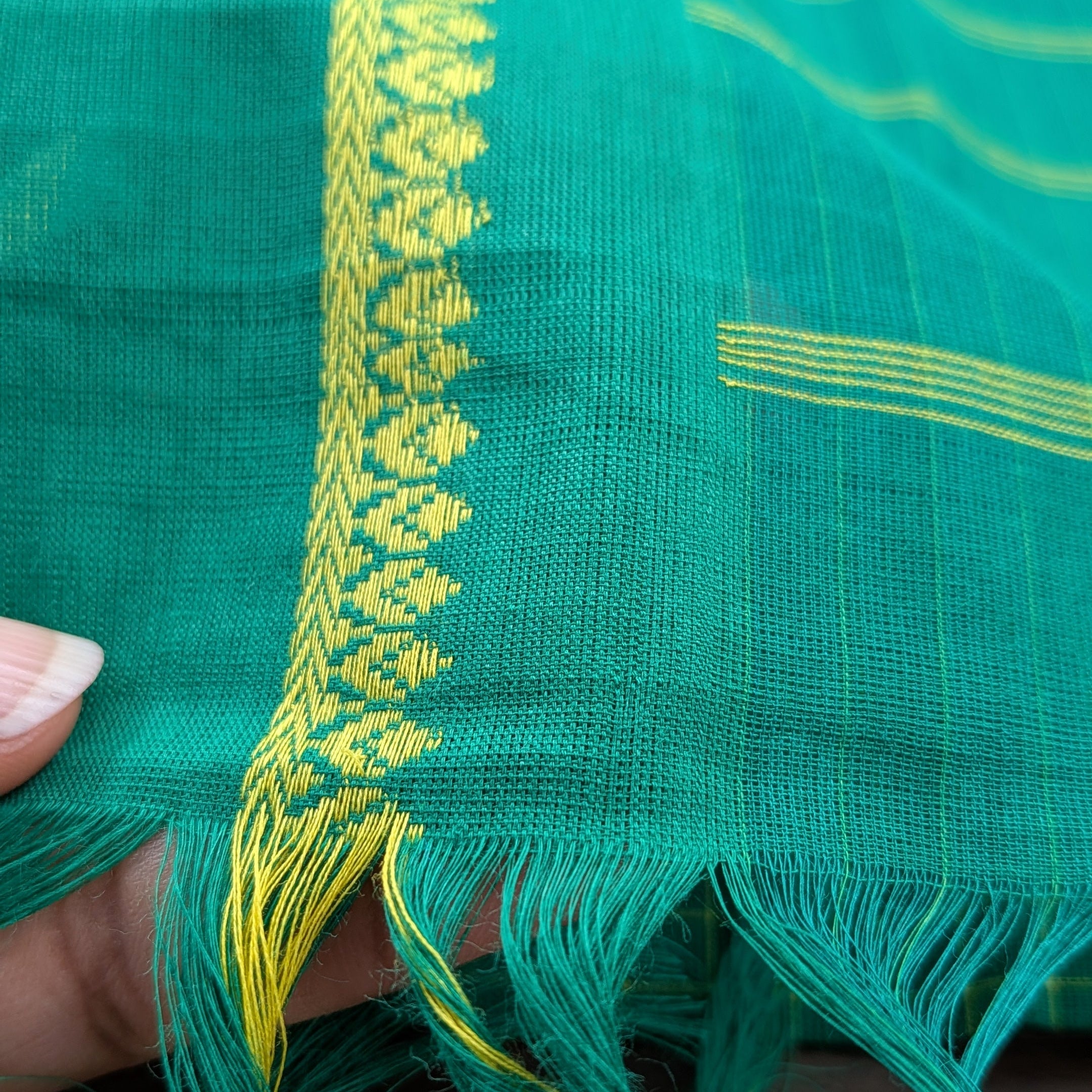 Green Small Checkered Kasargod Handloom Saree With small Yellow Border