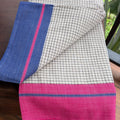 White Checkered Patteda Anchu Handloom Saree with Blue and Pink Borders