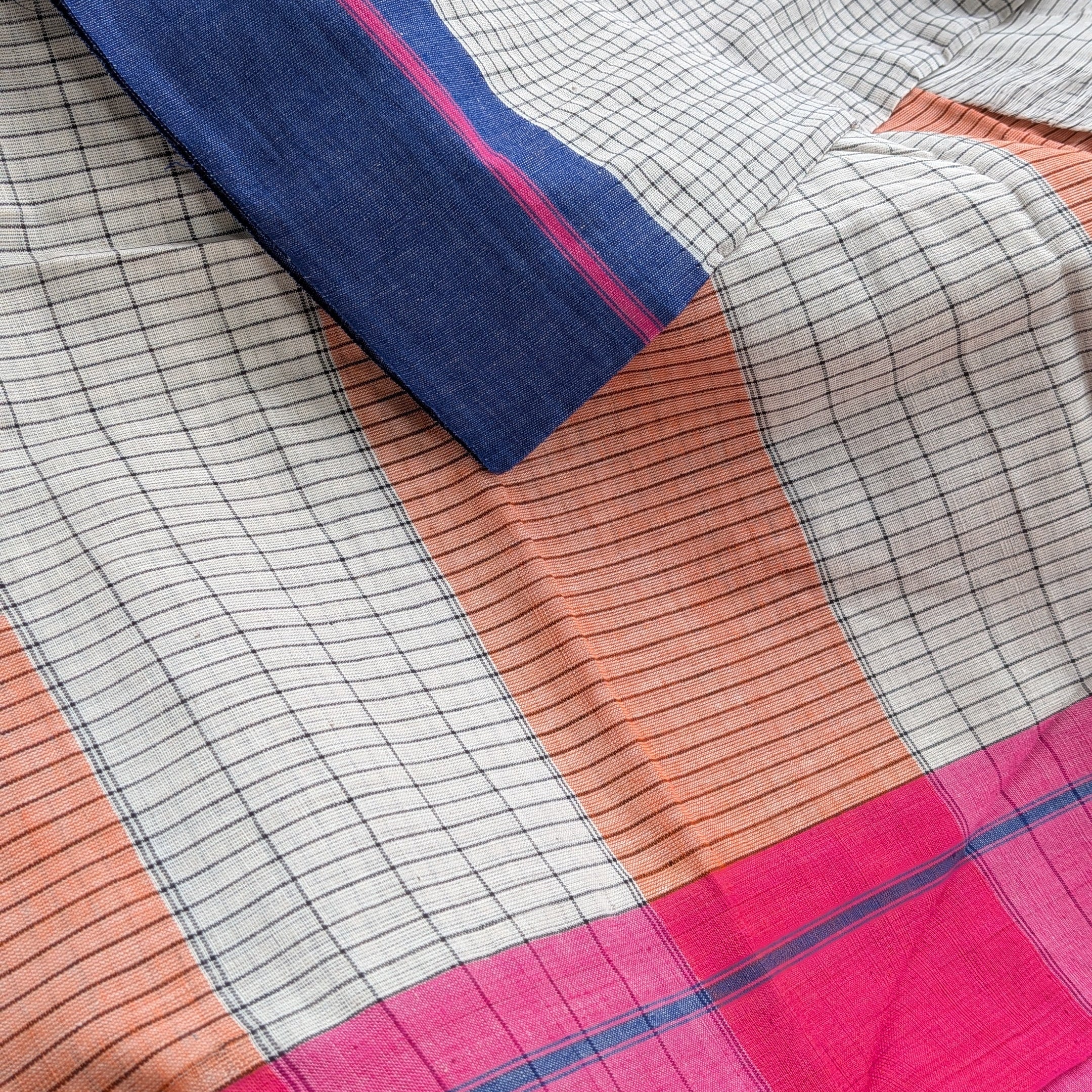 White Checkered Patteda Anchu Handloom Saree with Blue and Pink Borders
