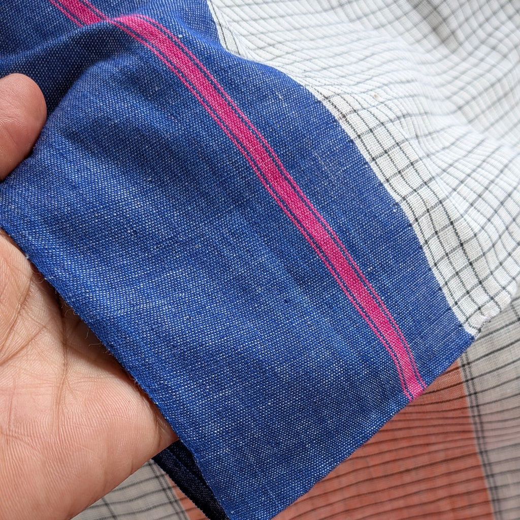 White Checkered Patteda Anchu Handloom Saree with Blue and Pink Borders