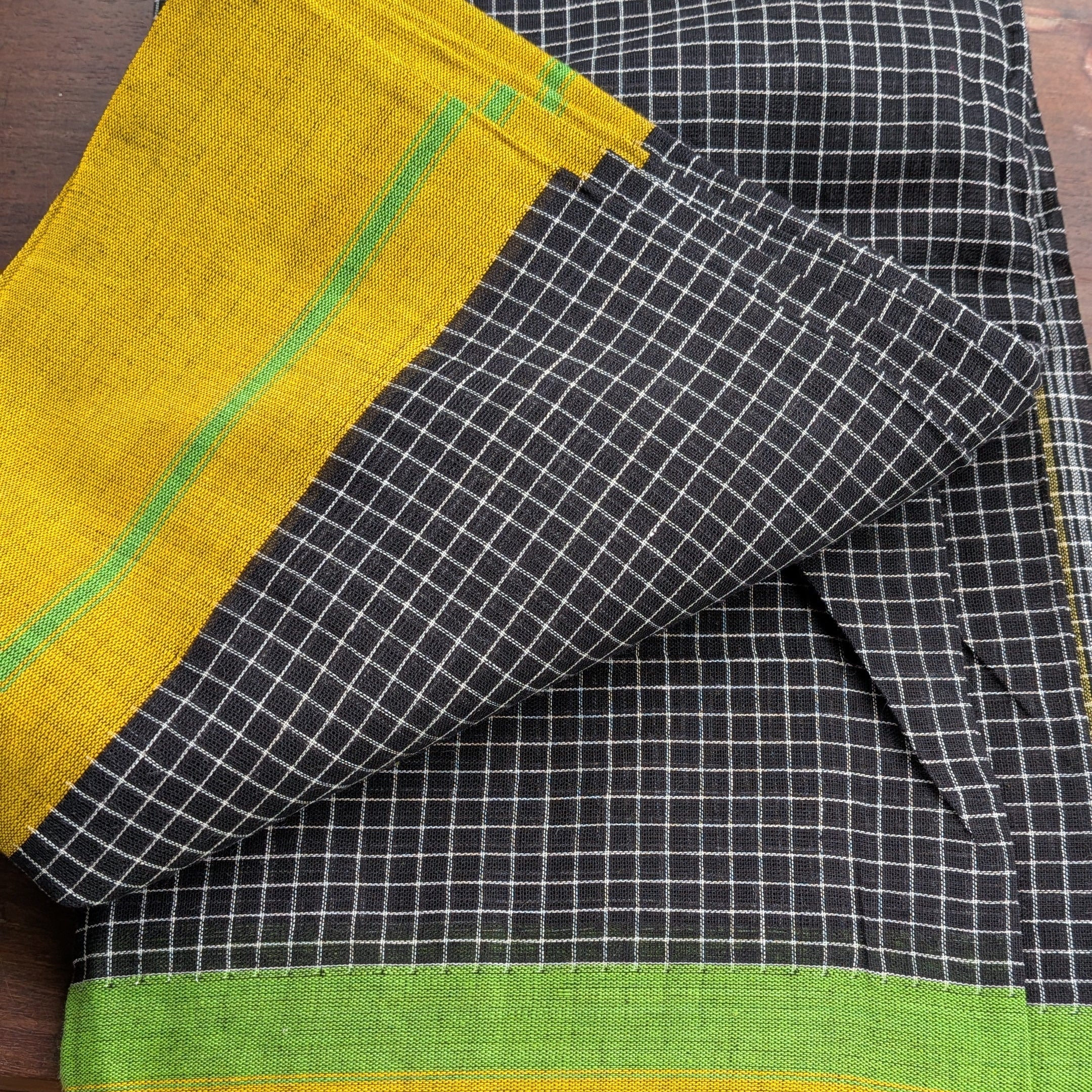 Black Checkered Patteda Anchu Handloom Saree with Green and Yellow Borders