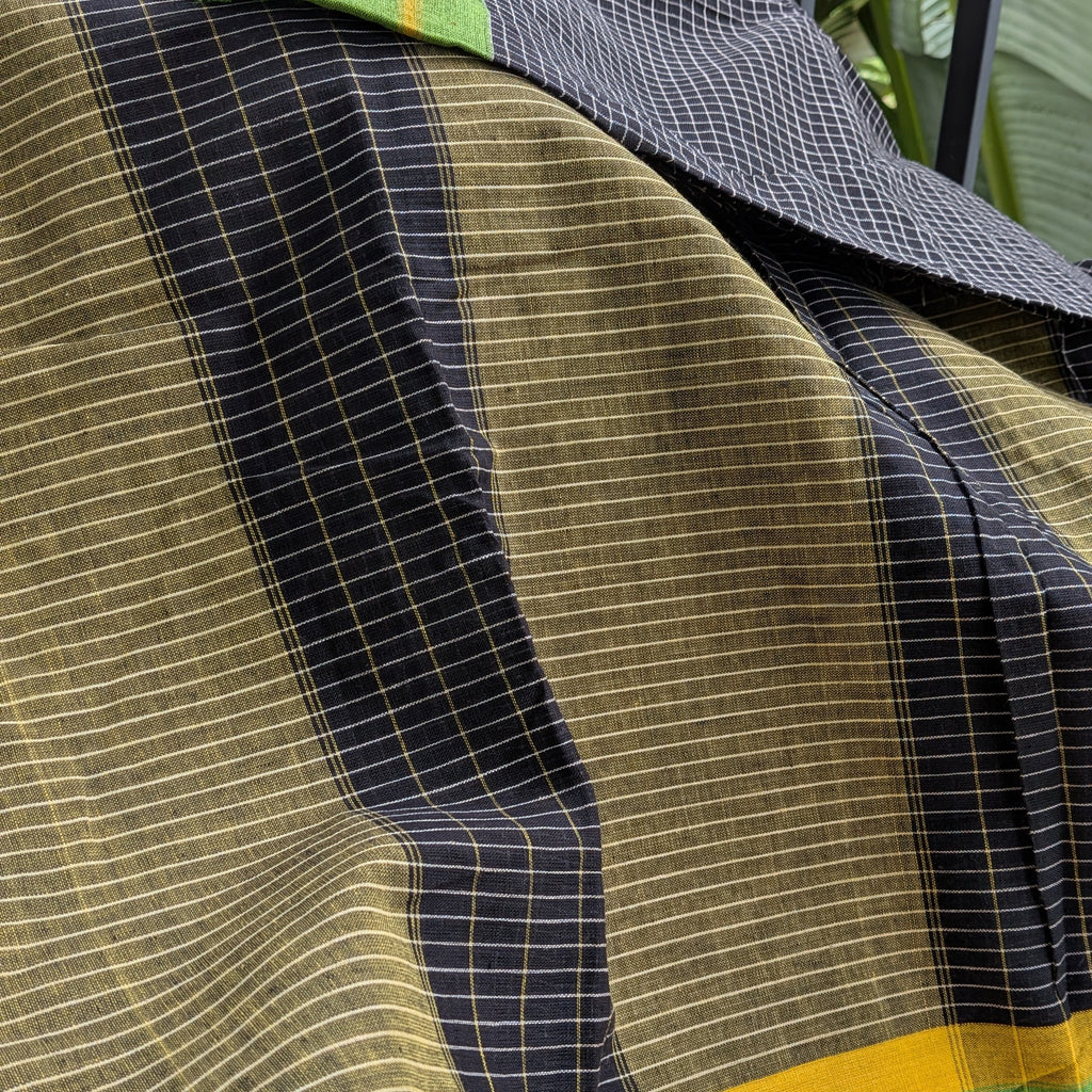 Black Checkered Patteda Anchu Handloom Saree with Green and Yellow Borders