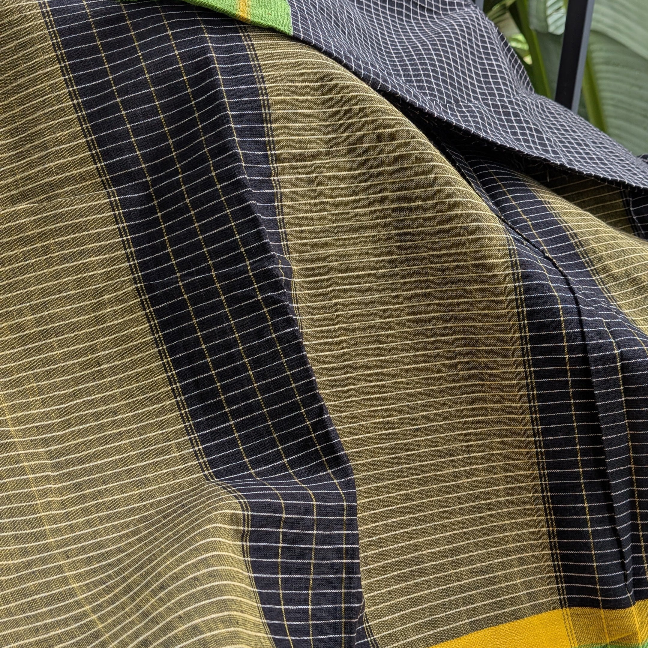 Black Checkered Patteda Anchu Handloom Saree with Green and Yellow Borders