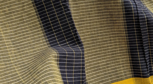 Black Checkered Patteda Anchu Handloom Saree with Green and Yellow Borders