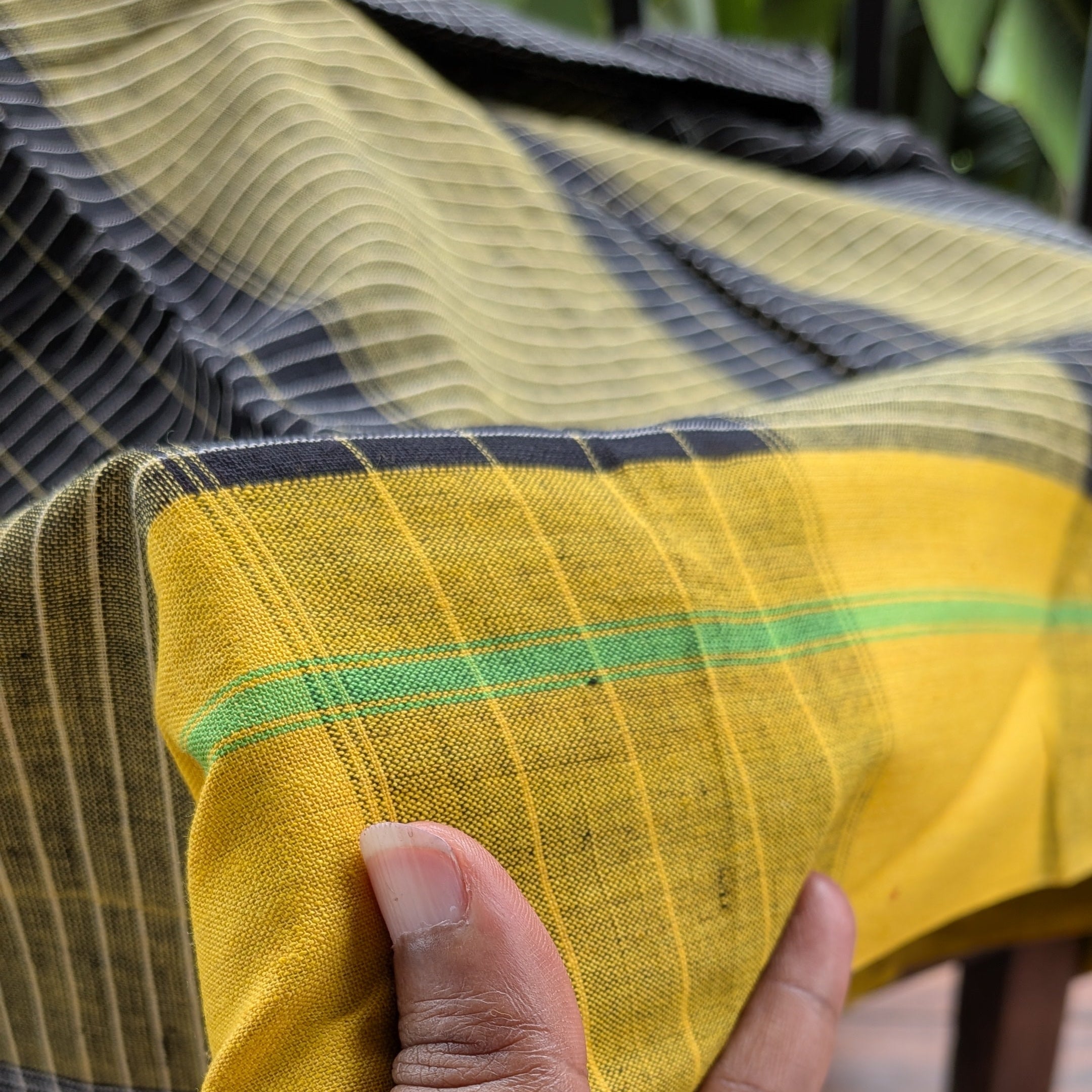 Black Checkered Patteda Anchu Handloom Saree with Green and Yellow Borders