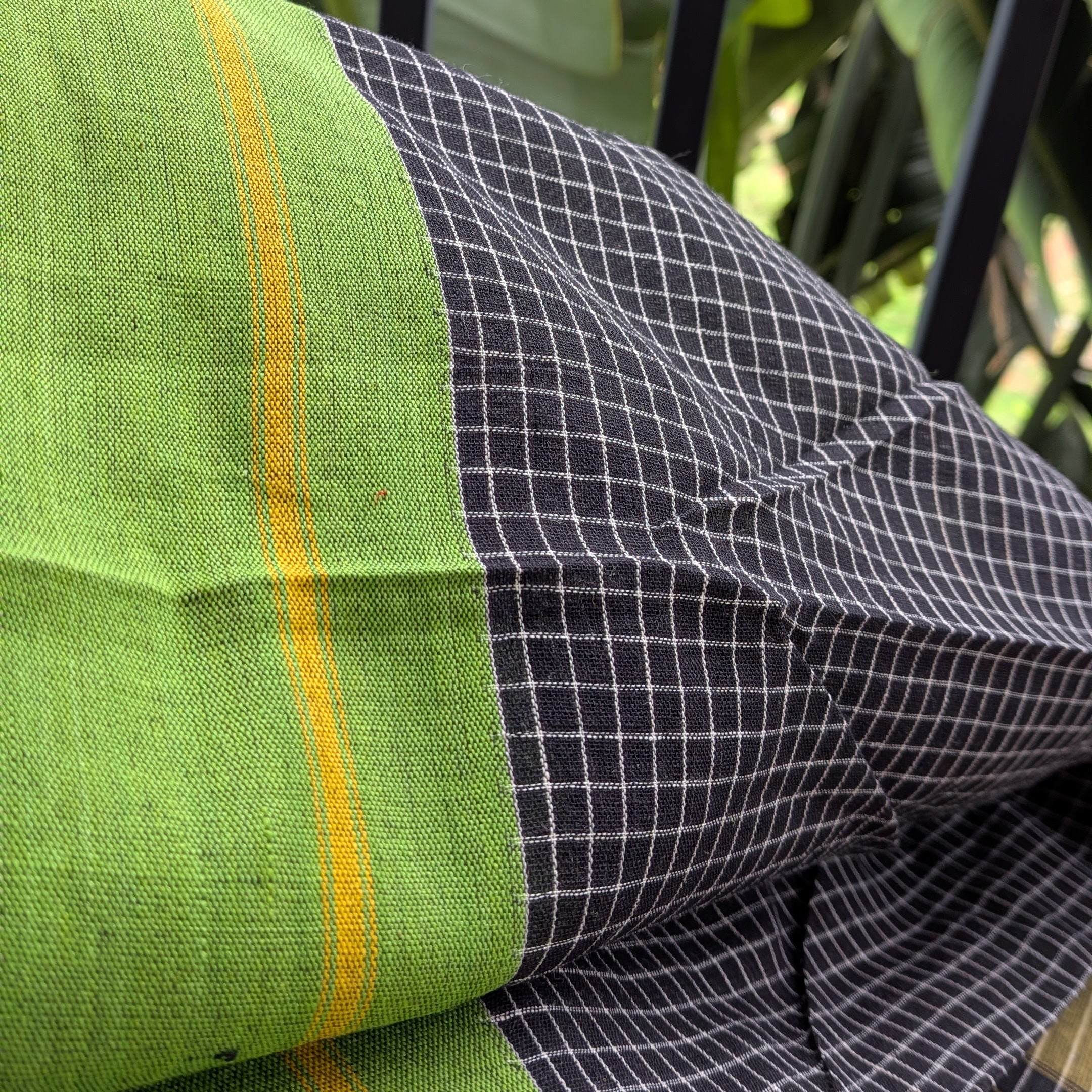 Black Checkered Patteda Anchu Handloom Saree with Green and Yellow Borders