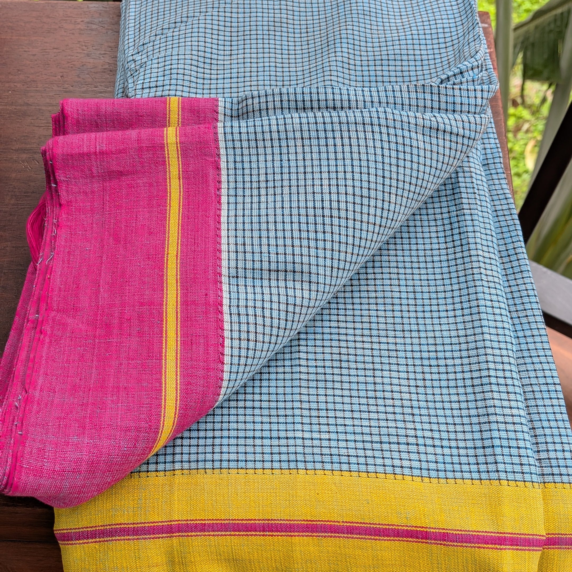 Light Sky Blue Checkered Patteda Anchu Handloom Saree with Pink and Yellow Border