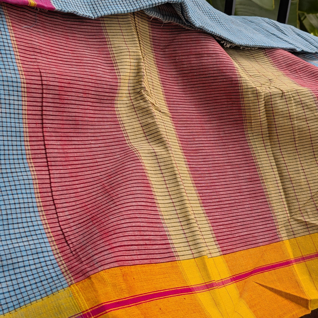 Light Sky Blue Checkered Patteda Anchu Handloom Saree with Pink and Yellow Border