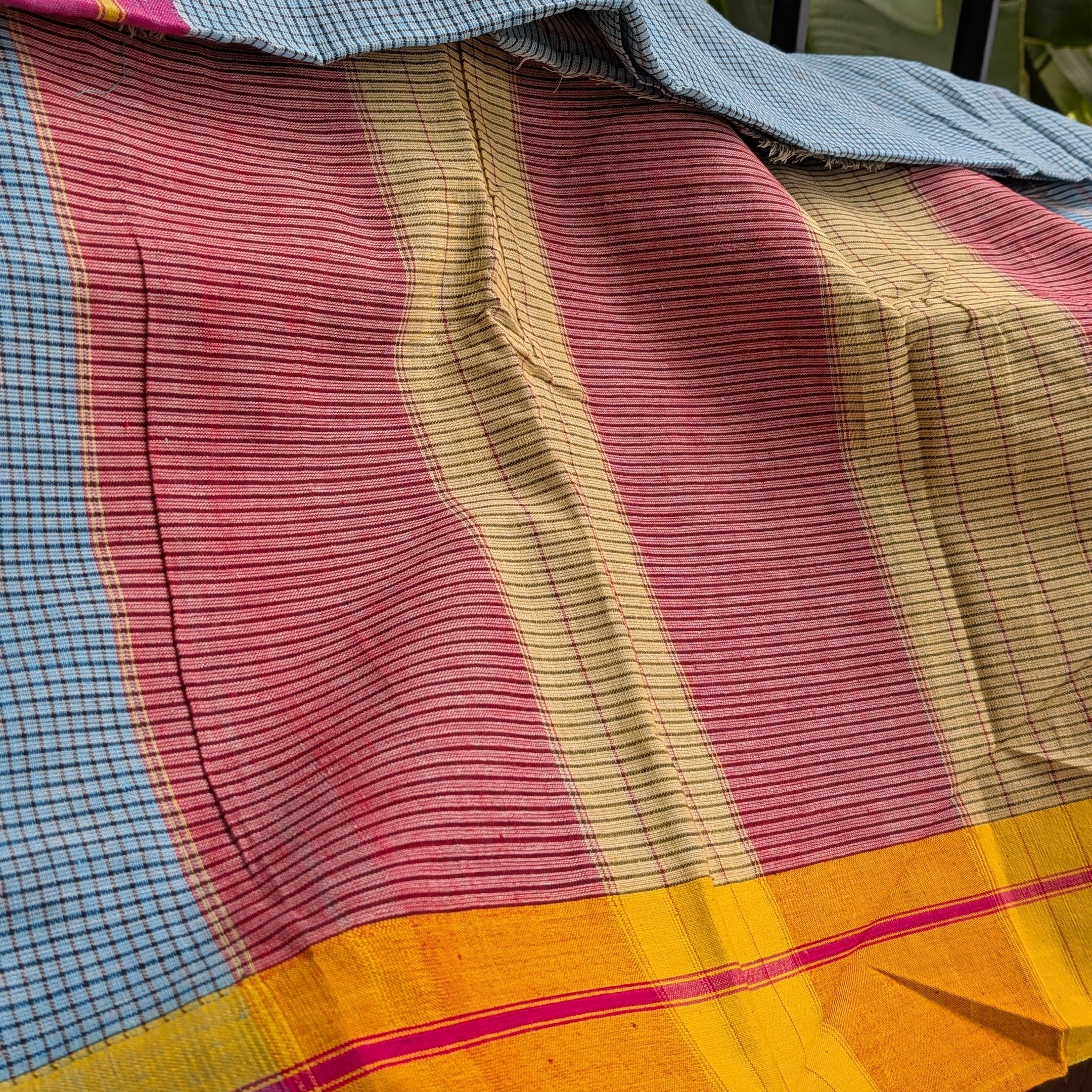 Light Sky Blue Checkered Patteda Anchu Handloom Saree with Pink and Yellow Border