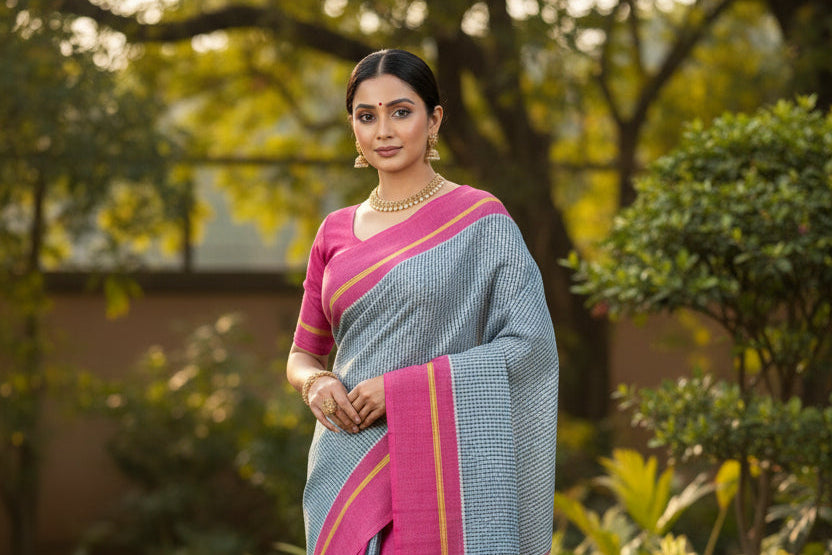 Light Sky Blue Checkered Patteda Anchu Handloom Saree with Pink and Yellow Border