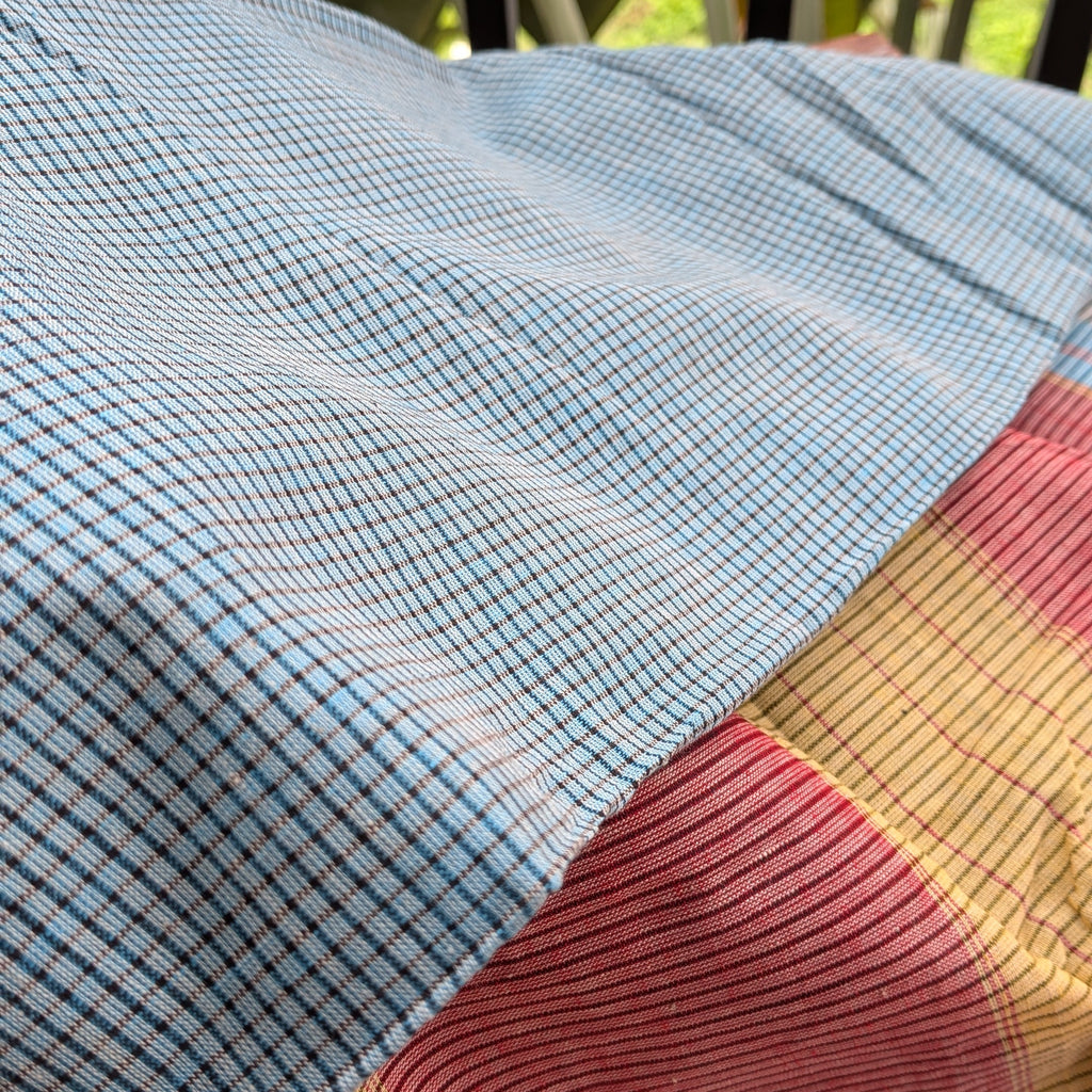 Light Sky Blue Checkered Patteda Anchu Handloom Saree with Pink and Yellow Border