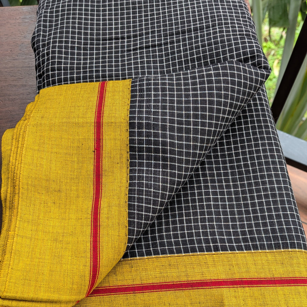 Black Checkered Patteda Anchu Handloom Saree with Mustard Yellow Border