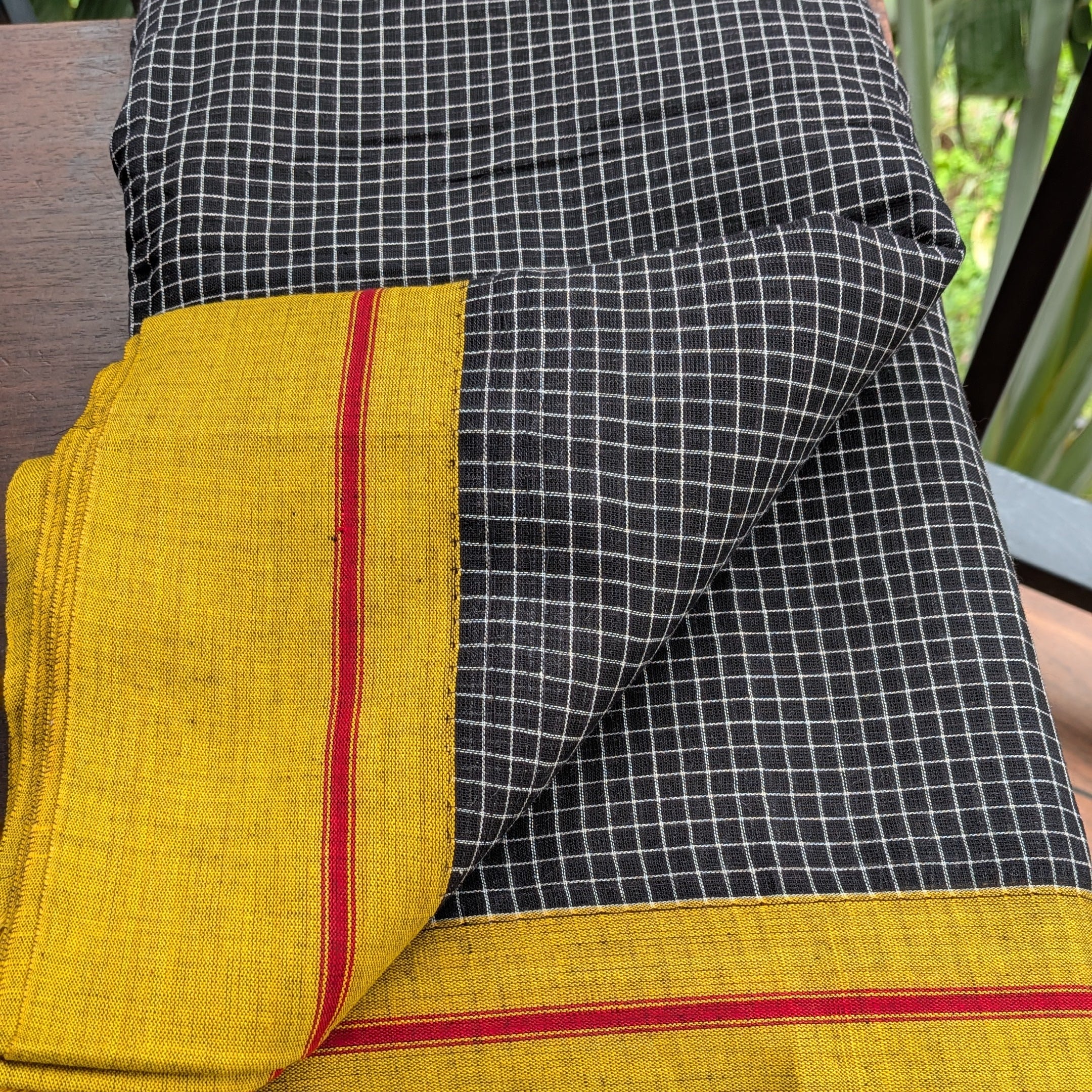 Black Checkered Patteda Anchu Handloom Saree with Mustard Yellow Border