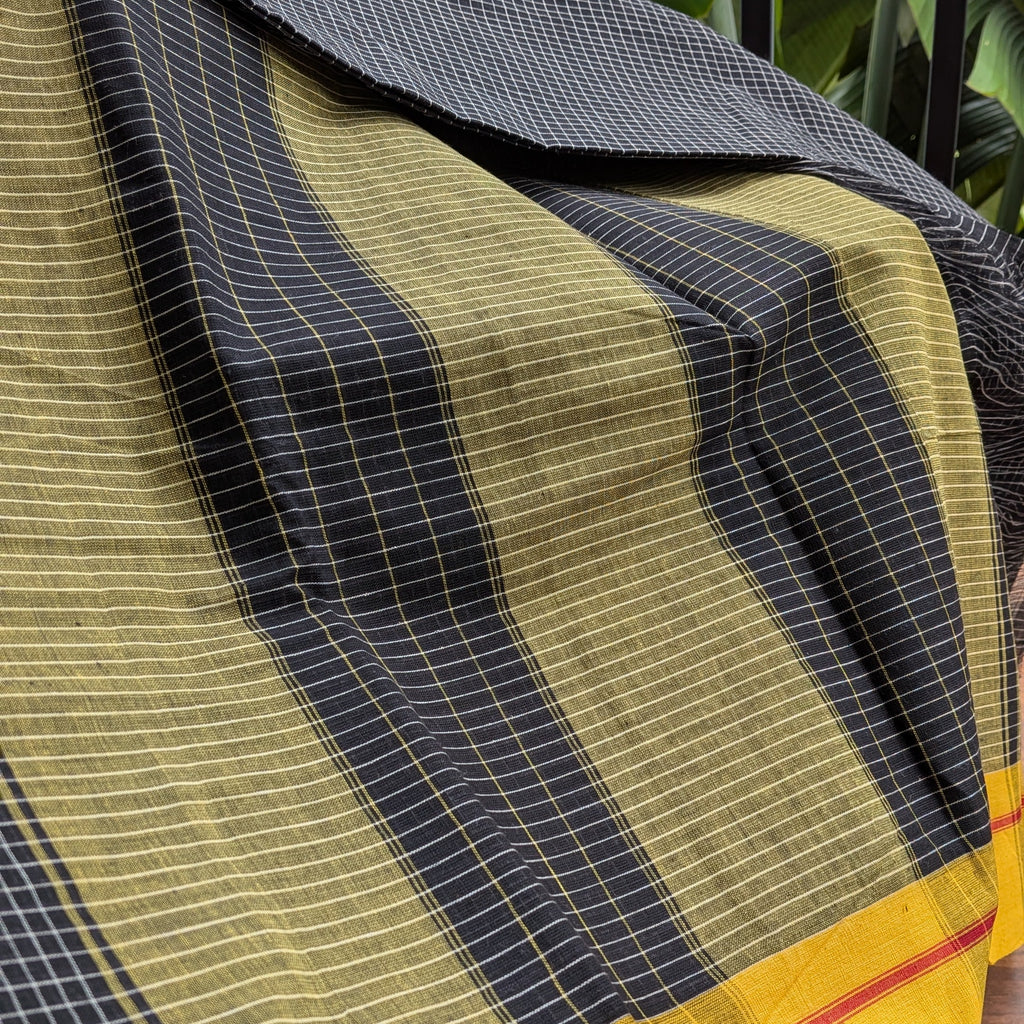 Black Checkered Patteda Anchu Handloom Saree with Mustard Yellow Border