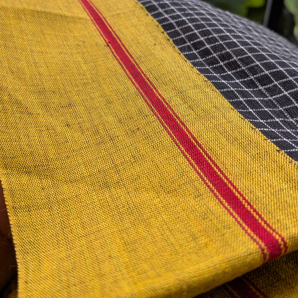 Black Checkered Patteda Anchu Handloom Saree with Mustard Yellow Border