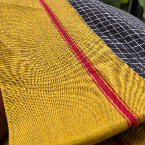Black Checkered Patteda Anchu Handloom Saree with Mustard Yellow Border