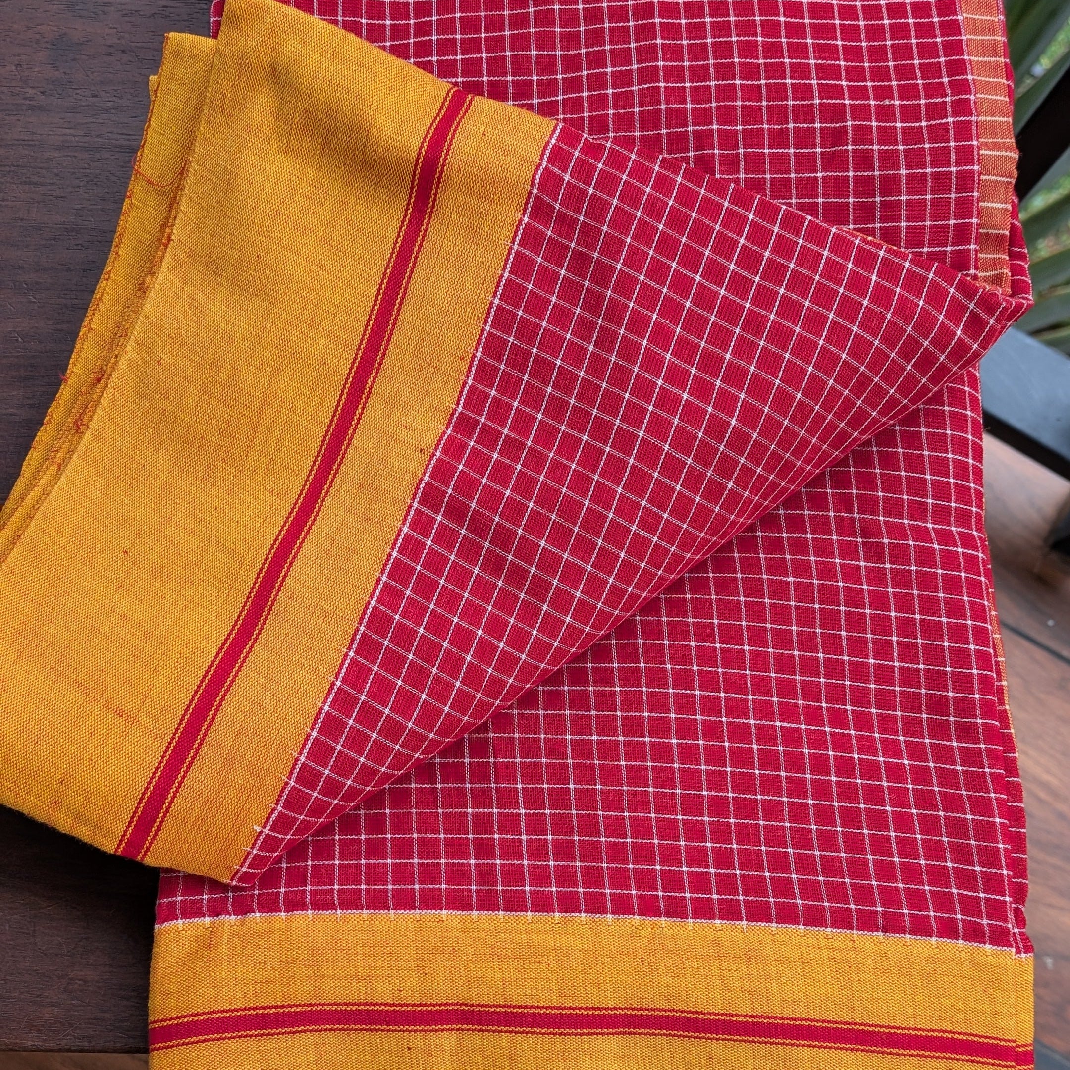 Red Checkered Patteda Anchu Handloom Saree with Orange Border