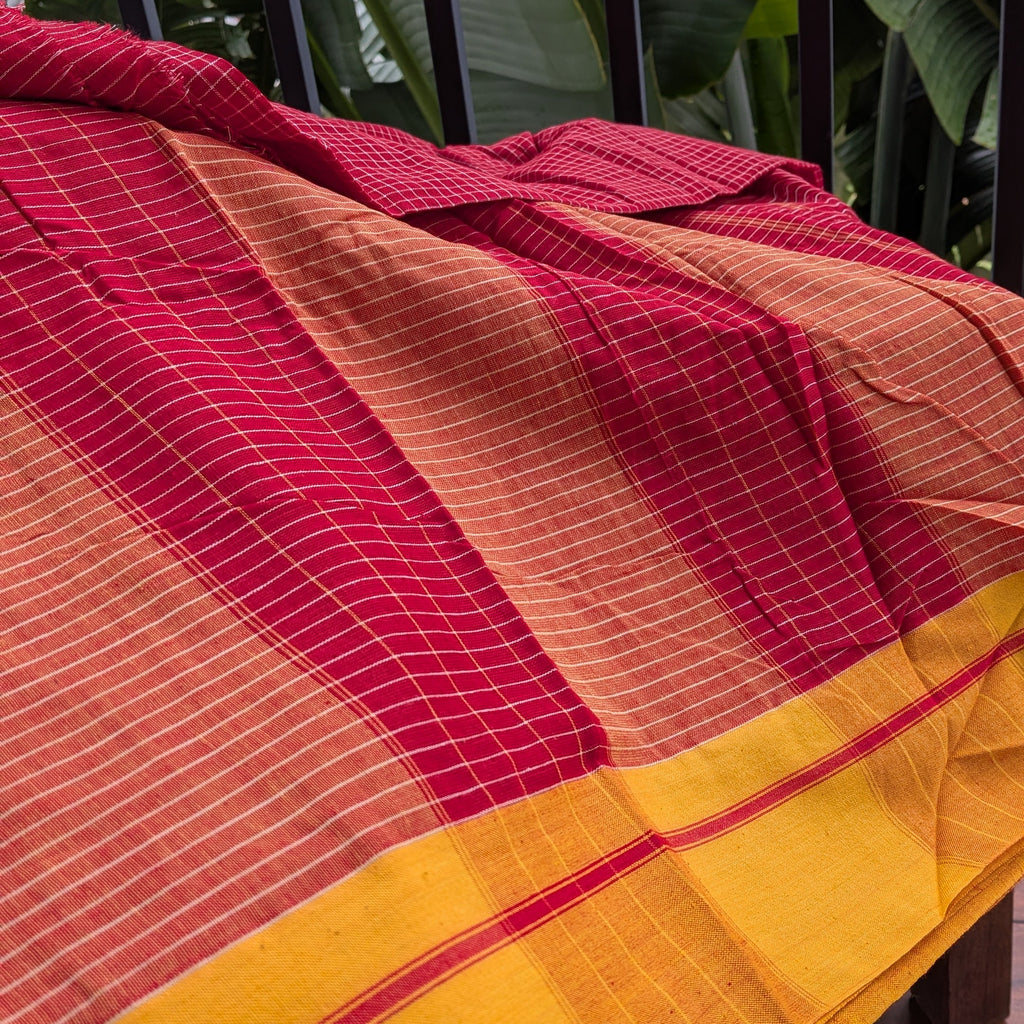 Red Checkered Patteda Anchu Handloom Saree with Orange Border