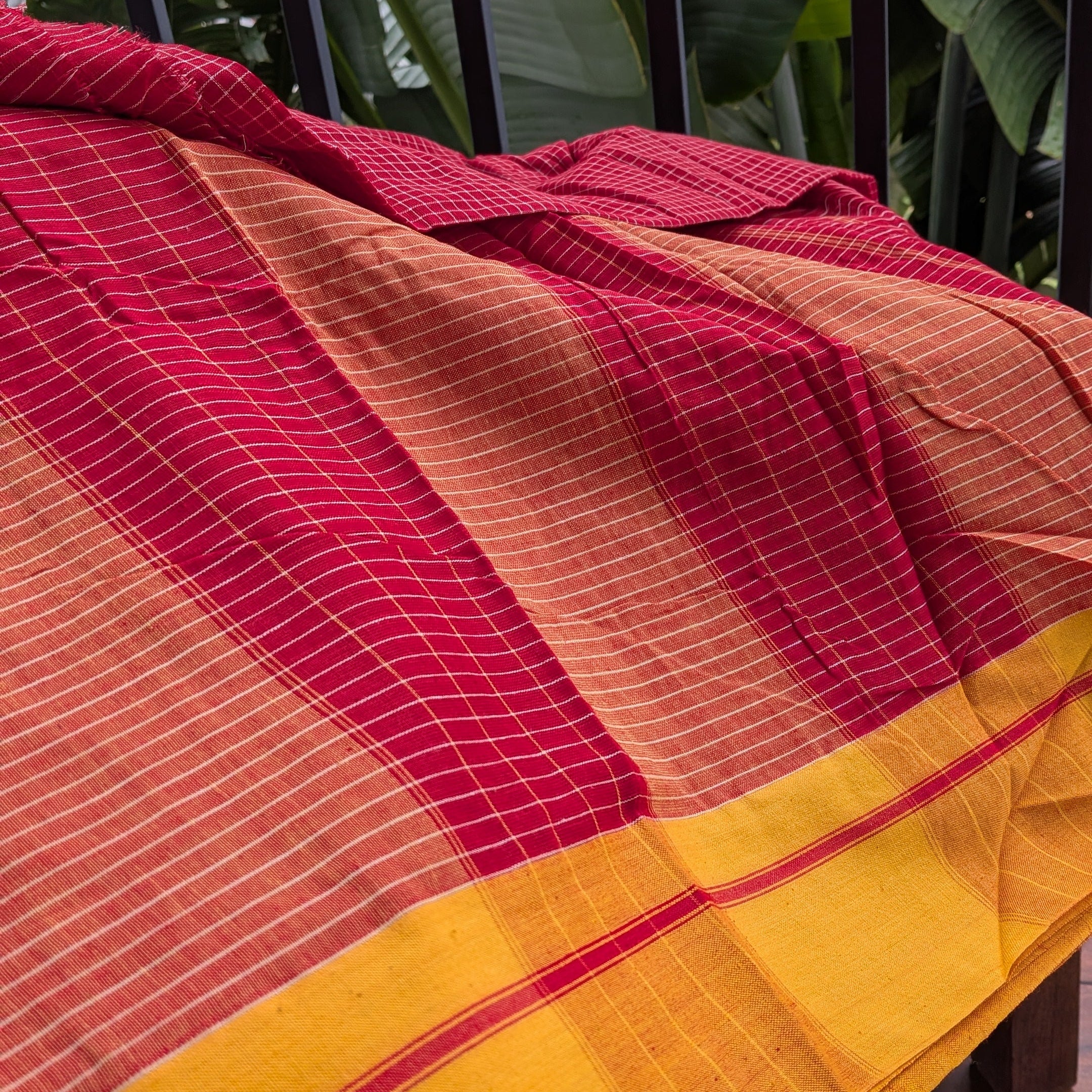 Red Checkered Patteda Anchu Handloom Saree with Orange Border