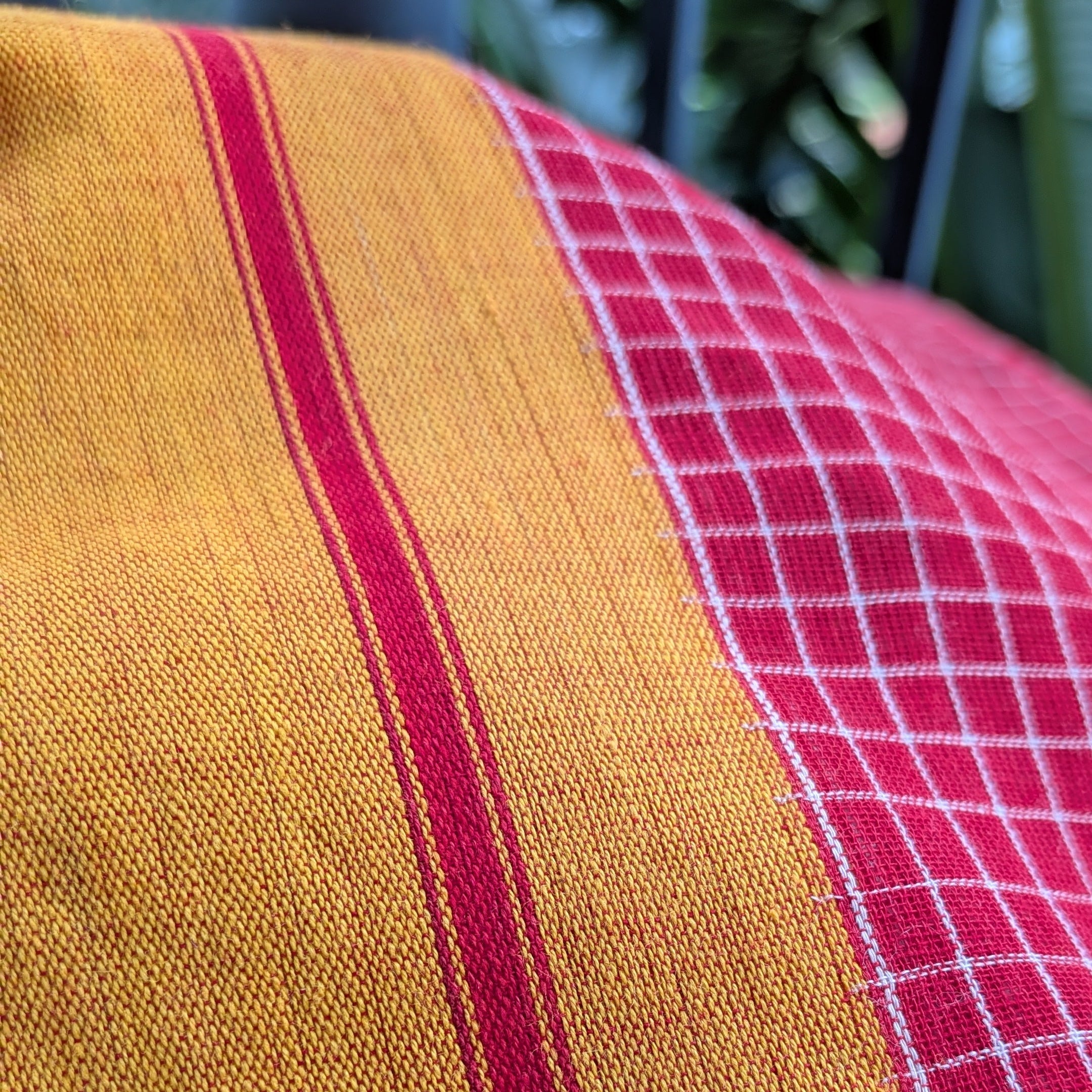 Red Checkered Patteda Anchu Handloom Saree with Orange Border