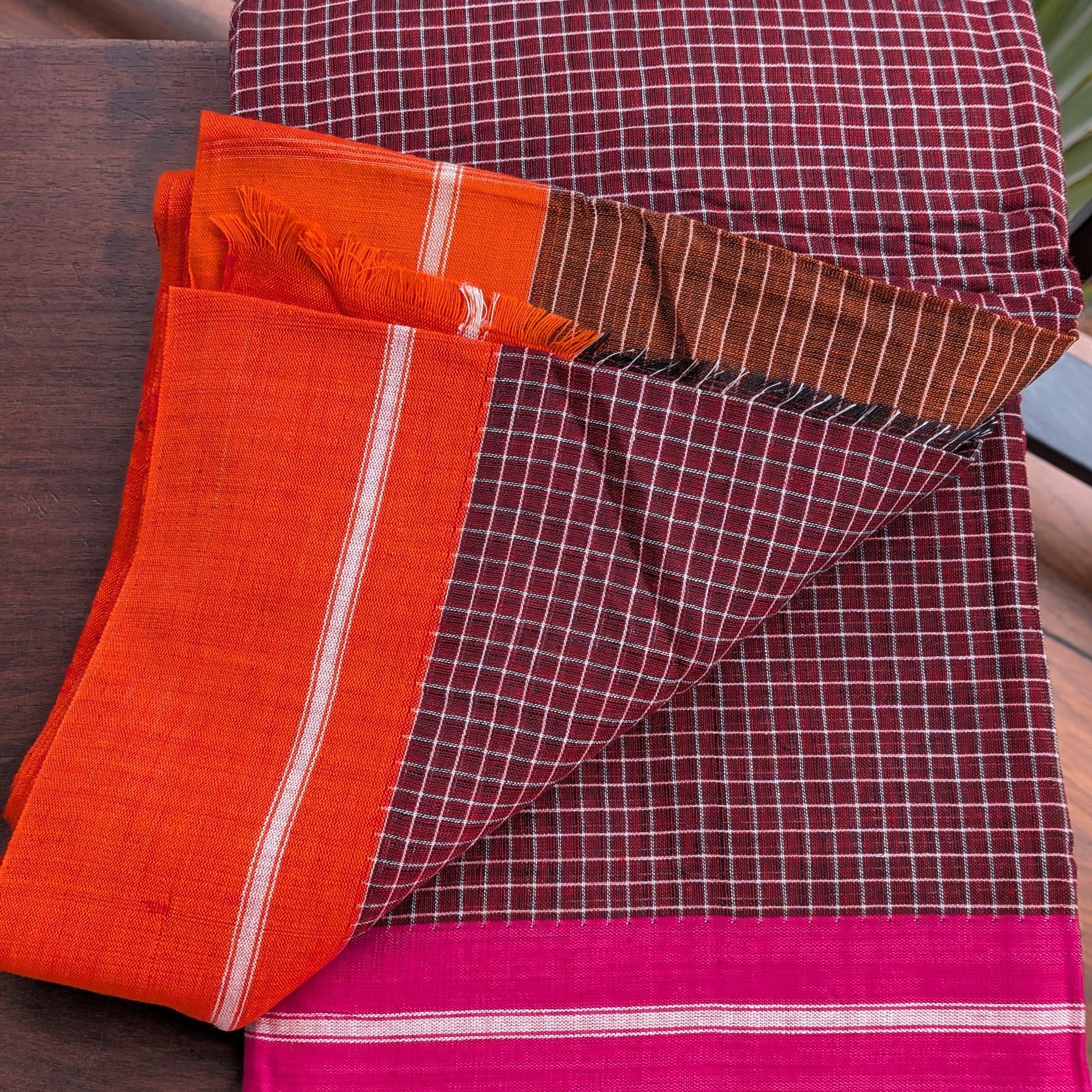 Brown Checkered Patteda Anchu Handloom Saree with Orange and Pink Border