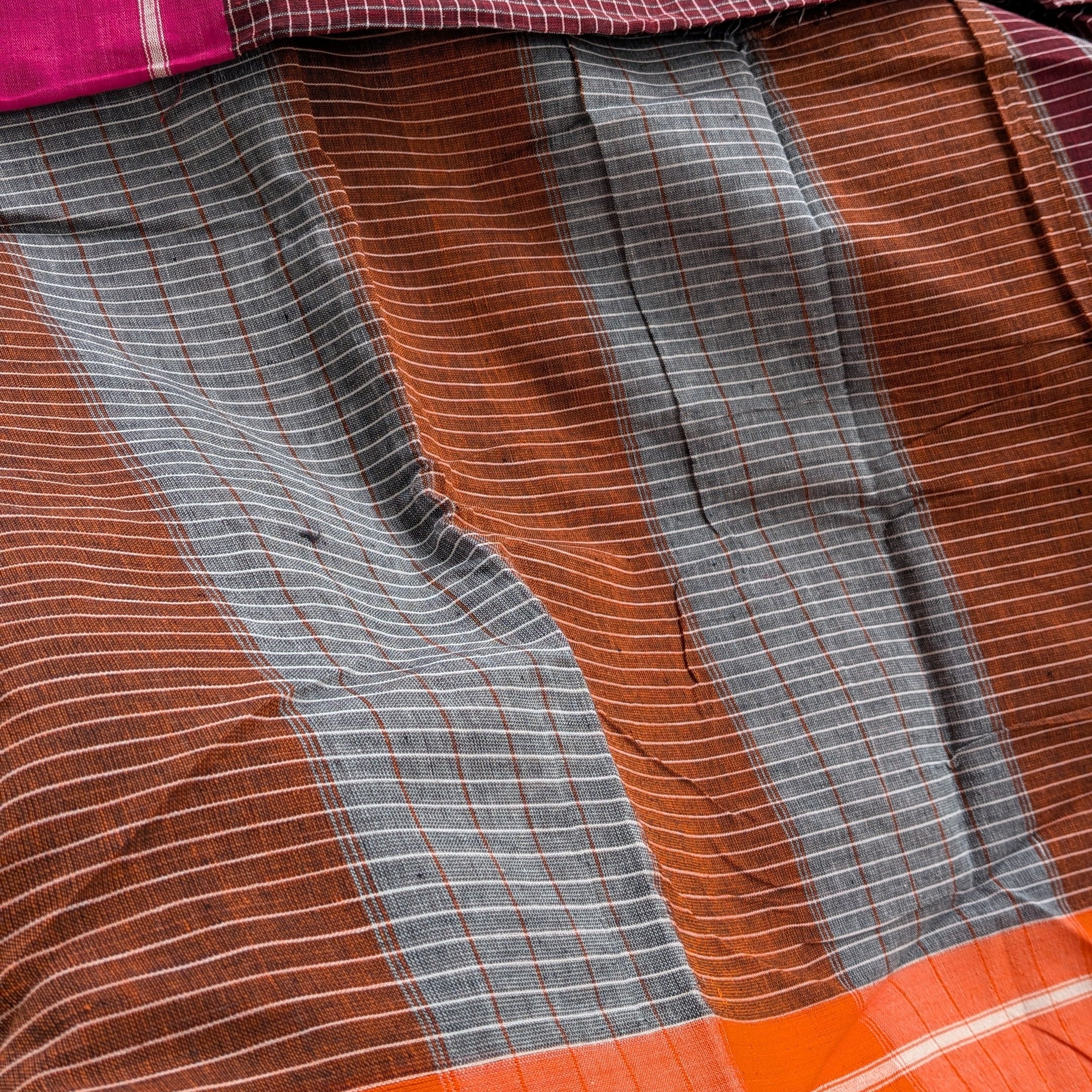 Brown Checkered Patteda Anchu Handloom Saree with Orange and Pink Border