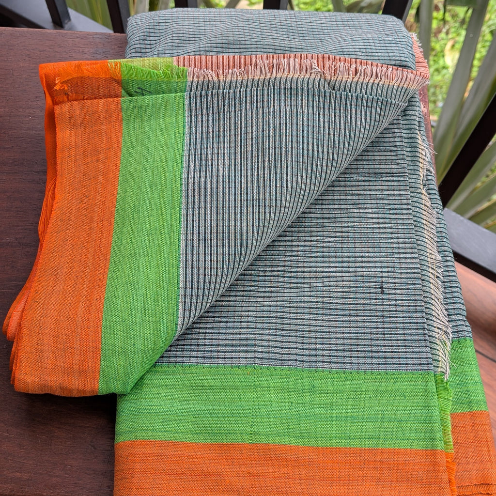 Light Green Patteda Anchu Handloom Saree with Orange and Green Border