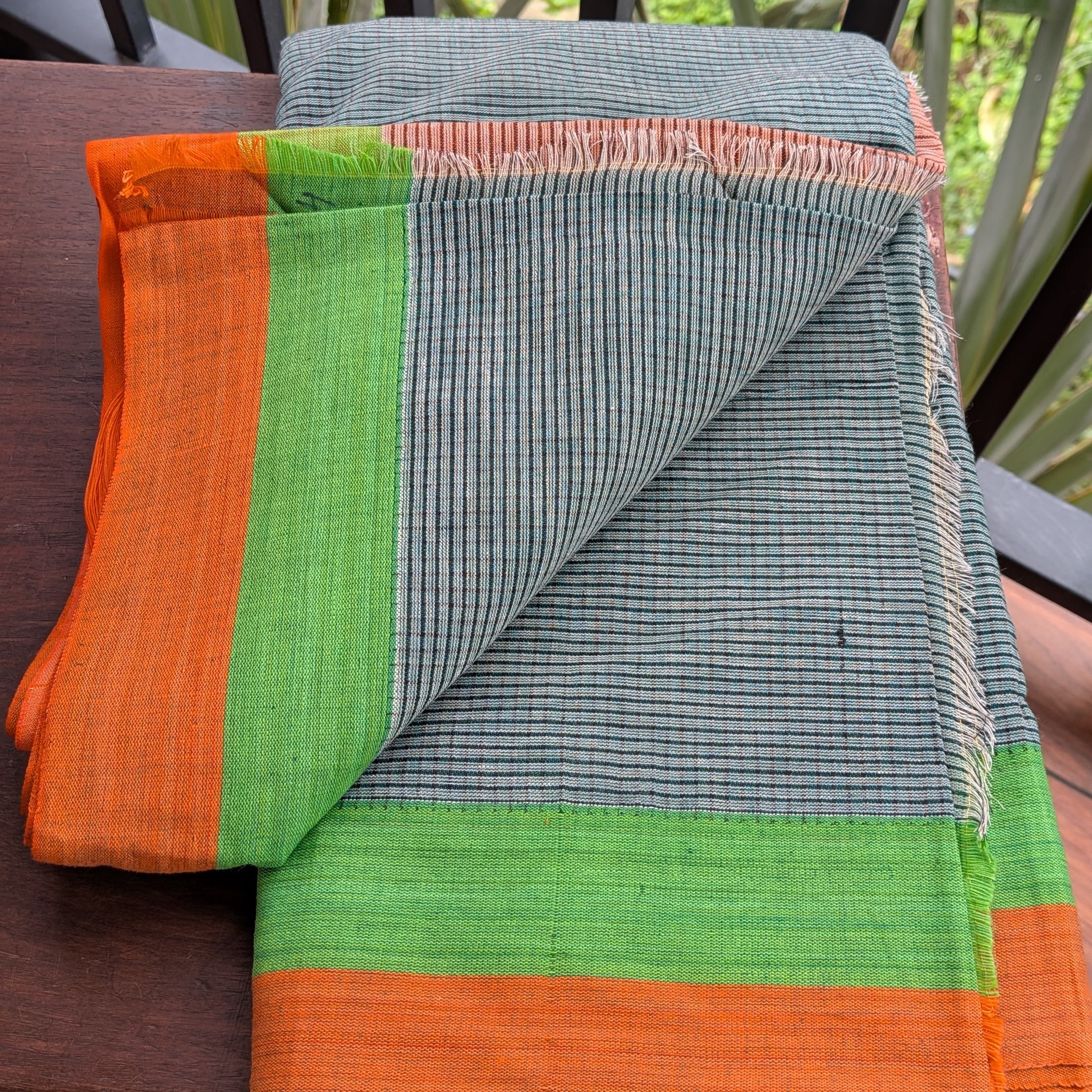 Light Green Patteda Anchu Handloom Saree with Orange and Green Border