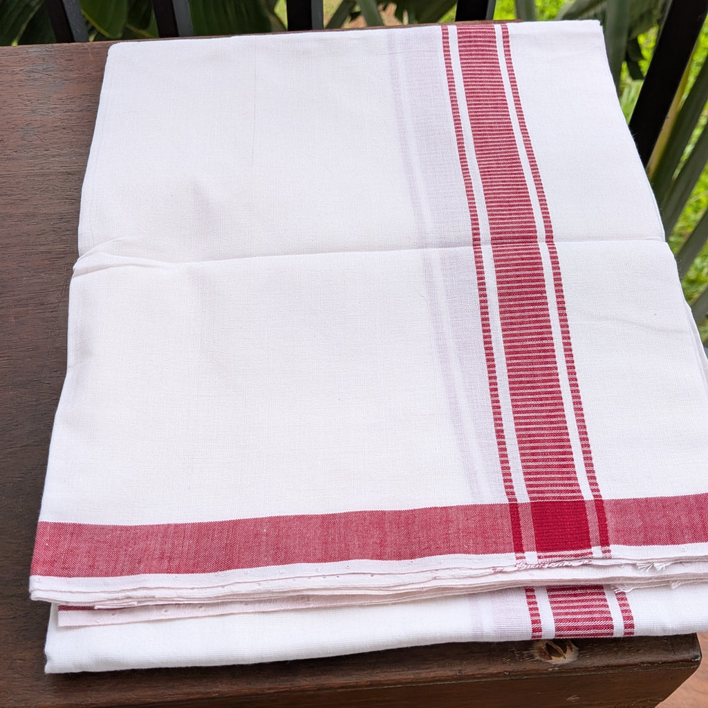 White Handloom Dhoti/Lungi with Light Red Border