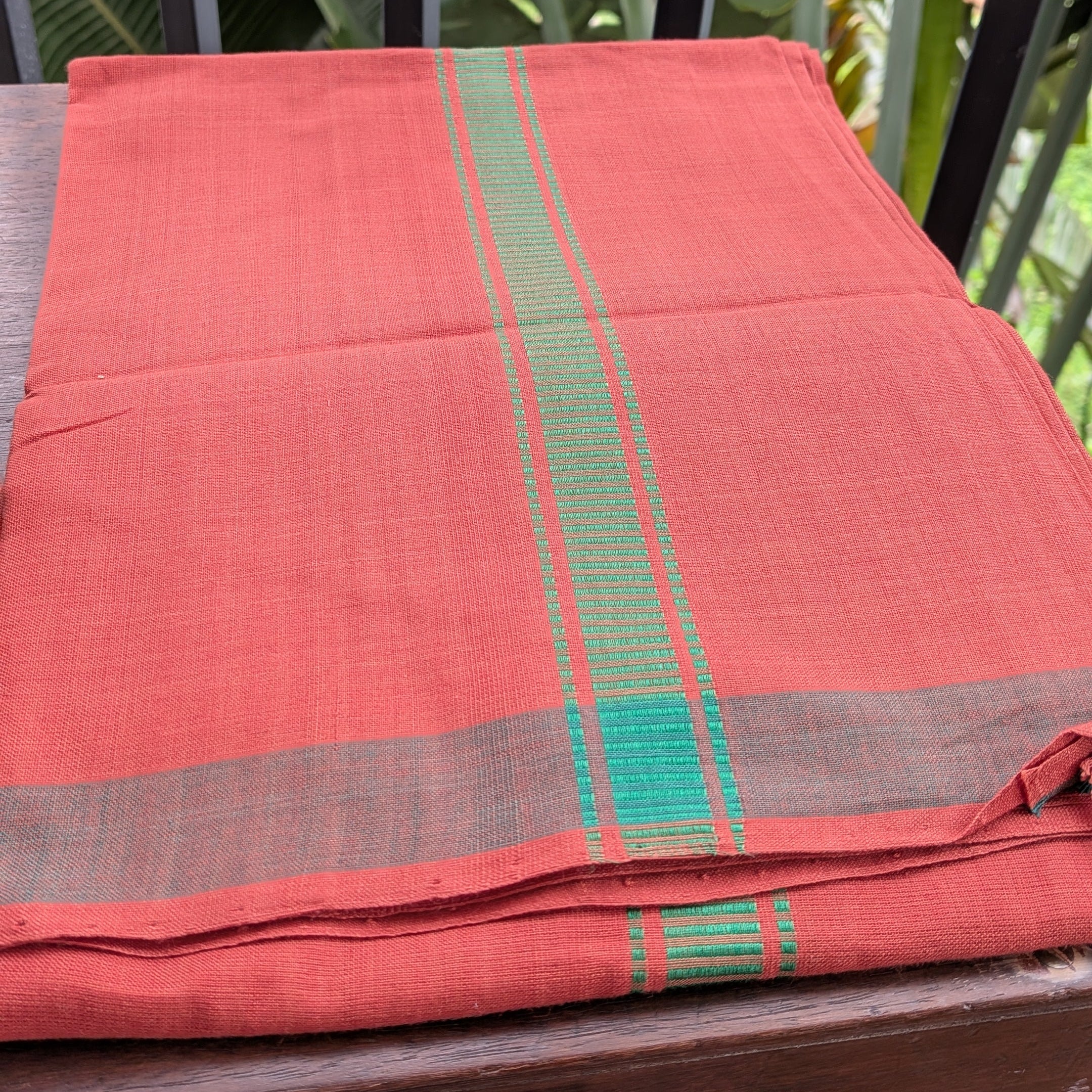 Brown/Kavi Handloom Mundu/Panche with Green Border
