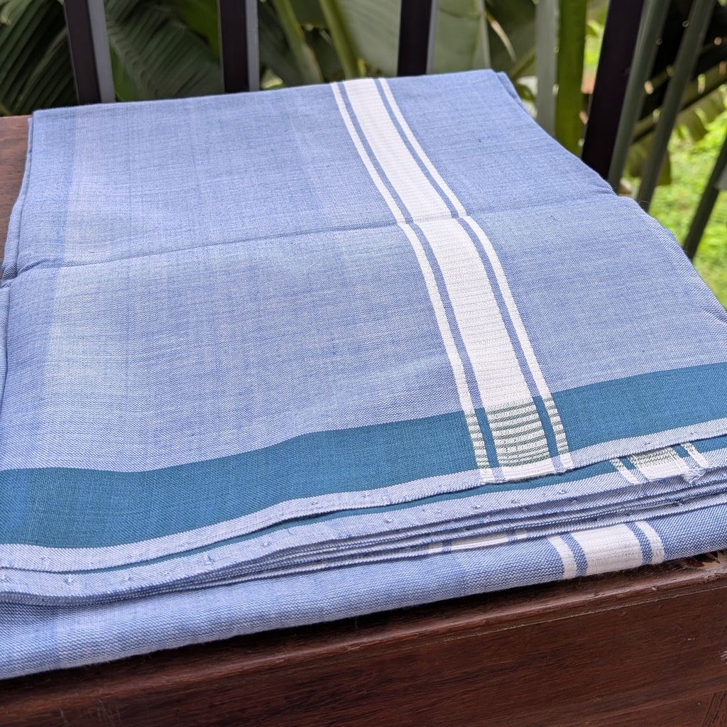 Sky Blue Handloom Mundu/Panche with White Border