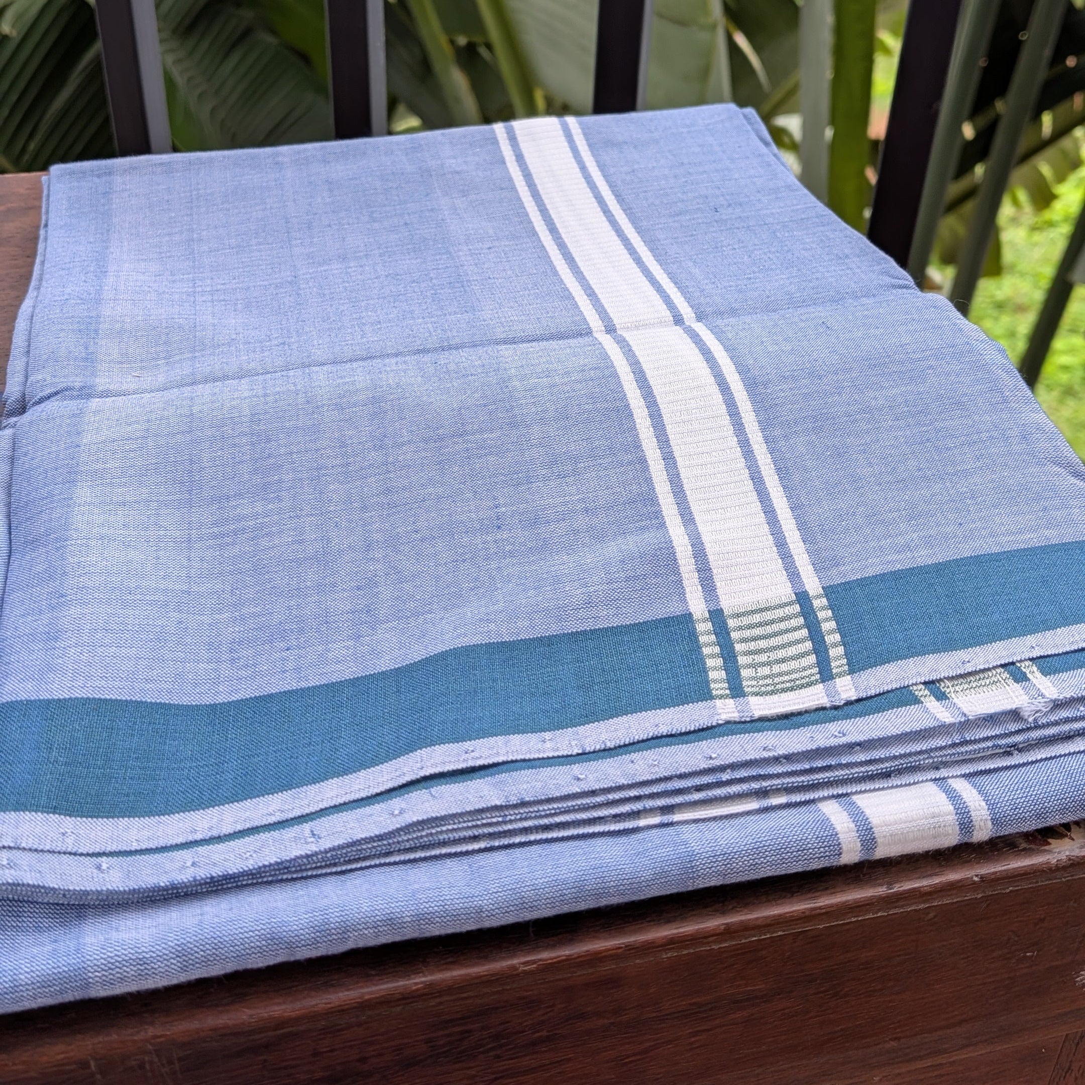 Sky Blue Handloom Mundu/Panche with White Border