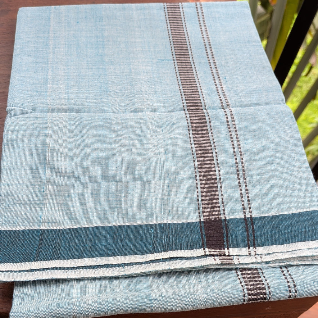 Light Blue Handloom Mundu/Panche with Teal Border